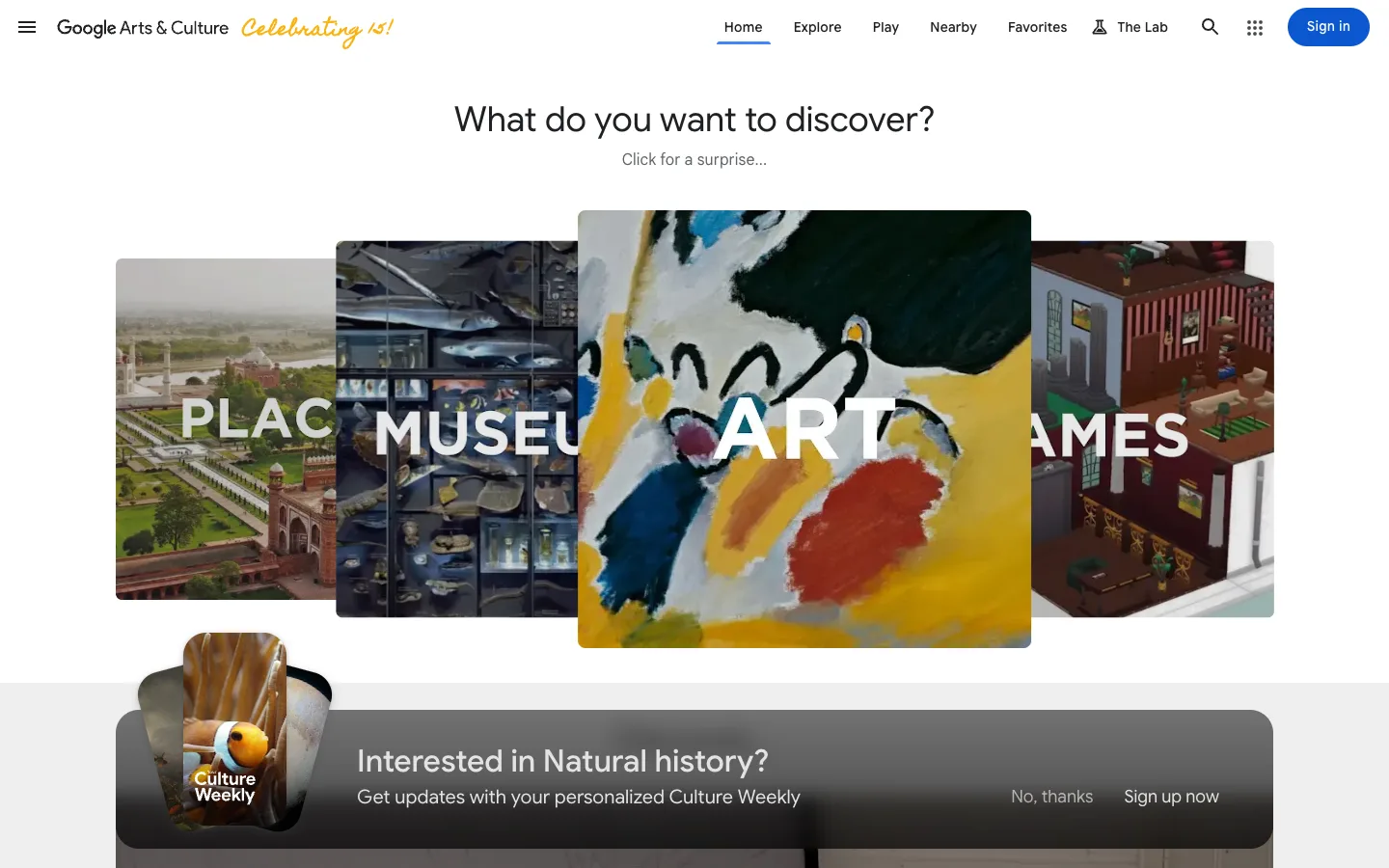 Google Arts & Culture — Home — captured interface