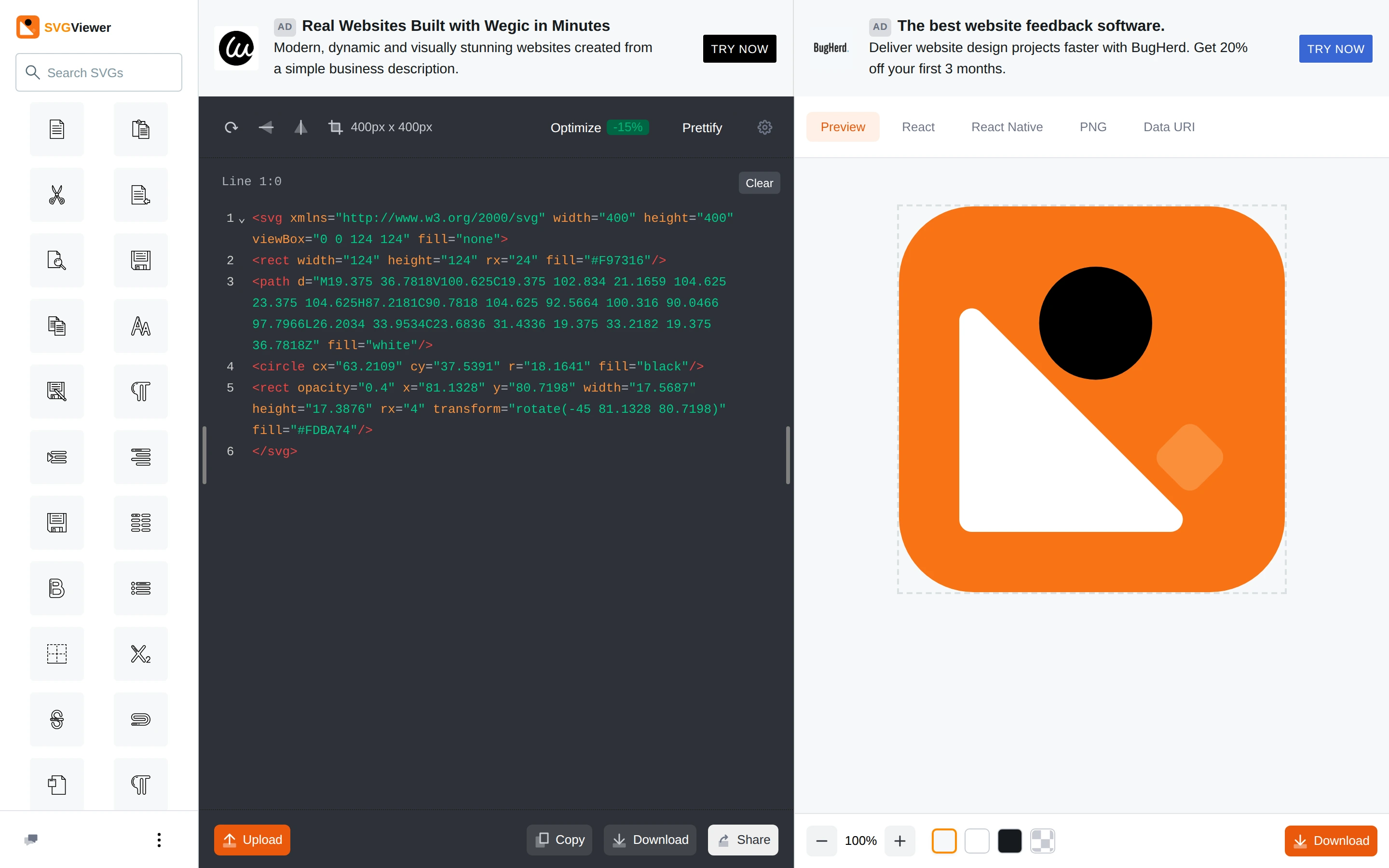 SVG Viewer — Code and preview — captured interface