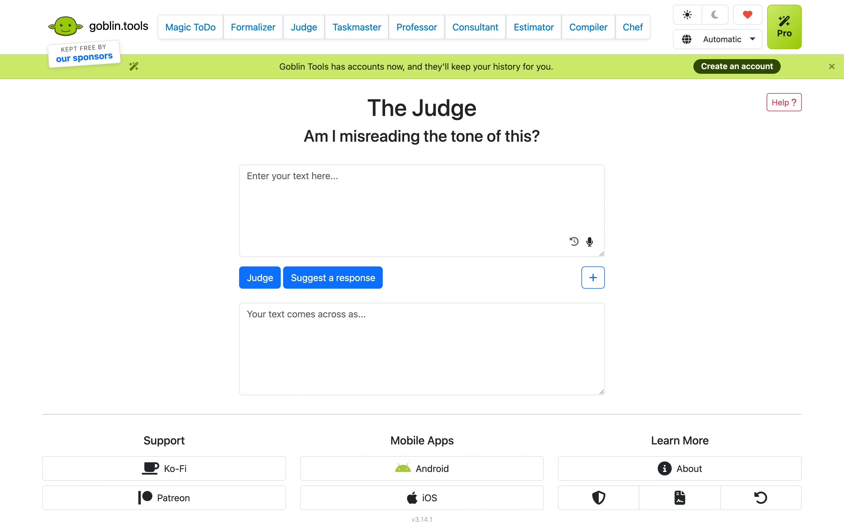 Goblin Tools — The Judge — captured interface