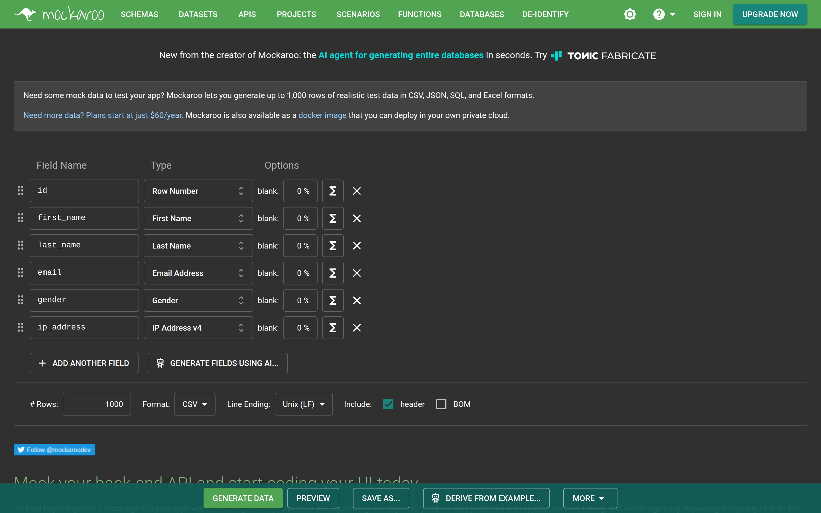 Mockaroo — Sample data builder — captured interface