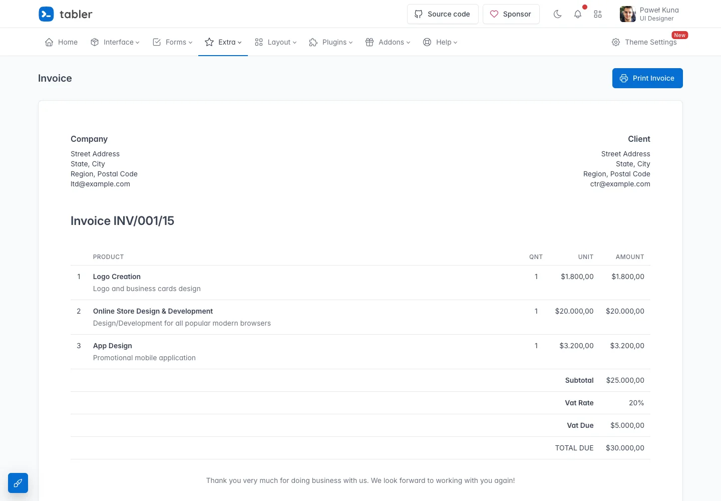 Tabler — Invoice demo — captured interface