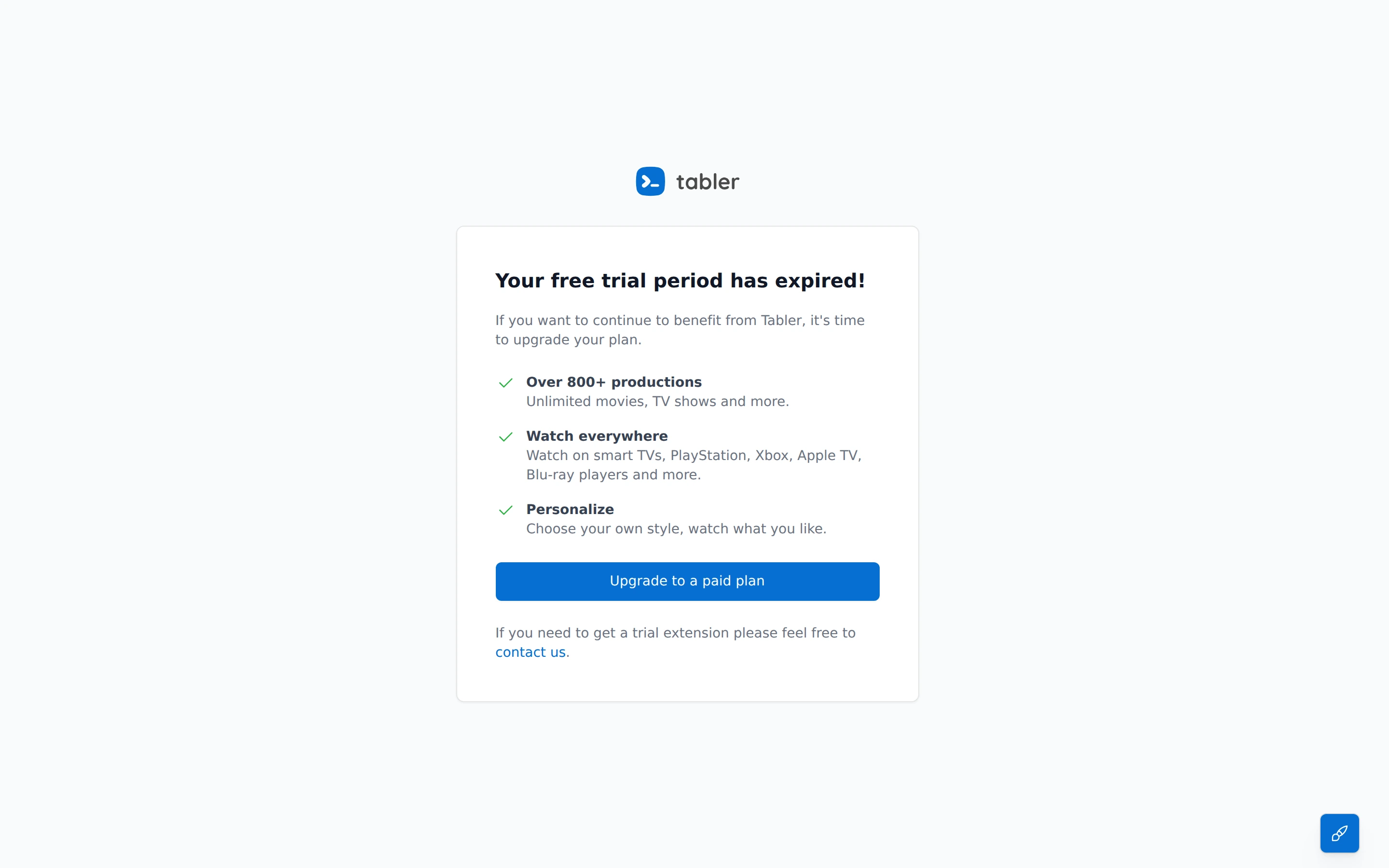 Tabler — Trial ended demo — captured interface