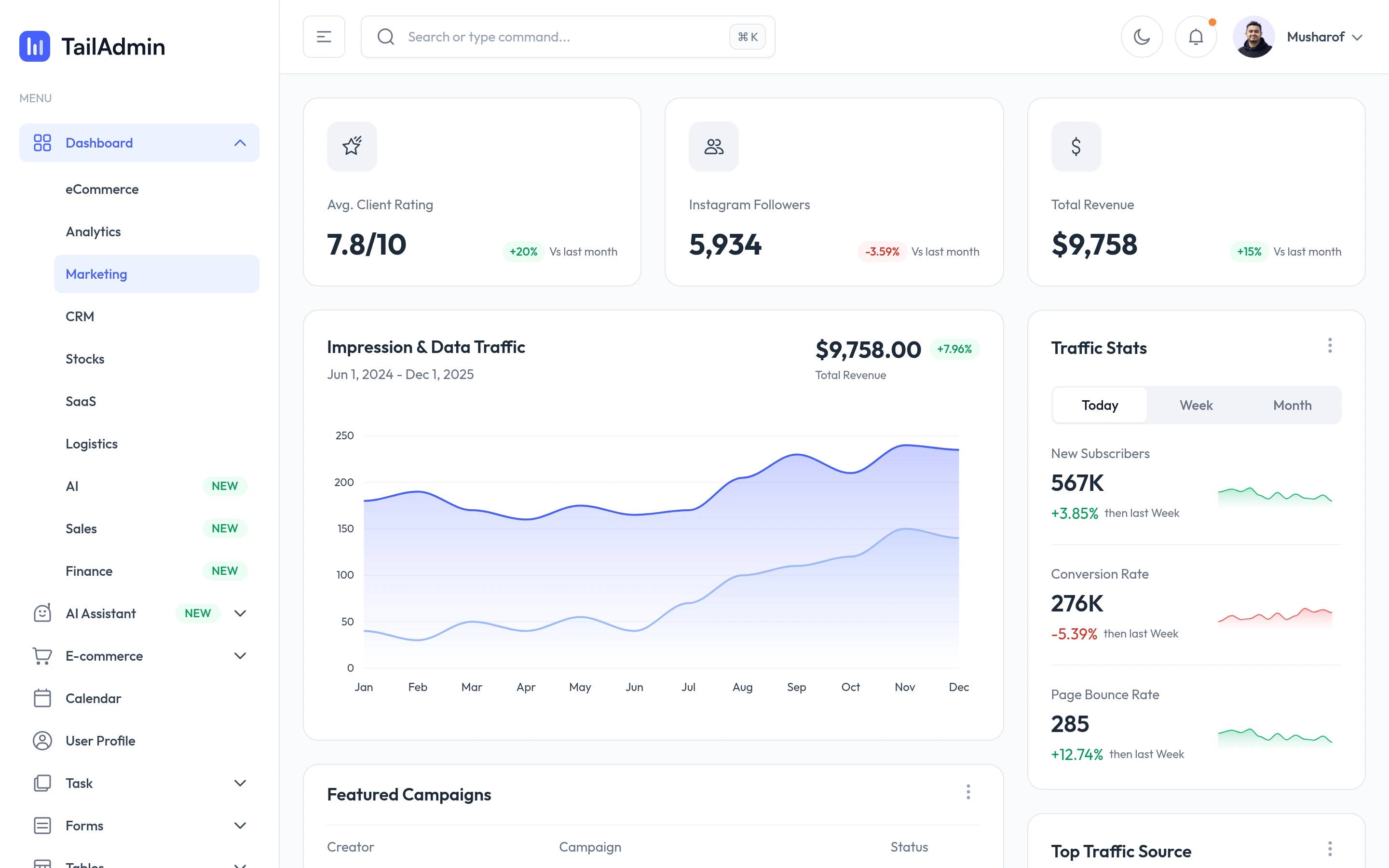 TailAdmin — Marketing demo — captured interface
