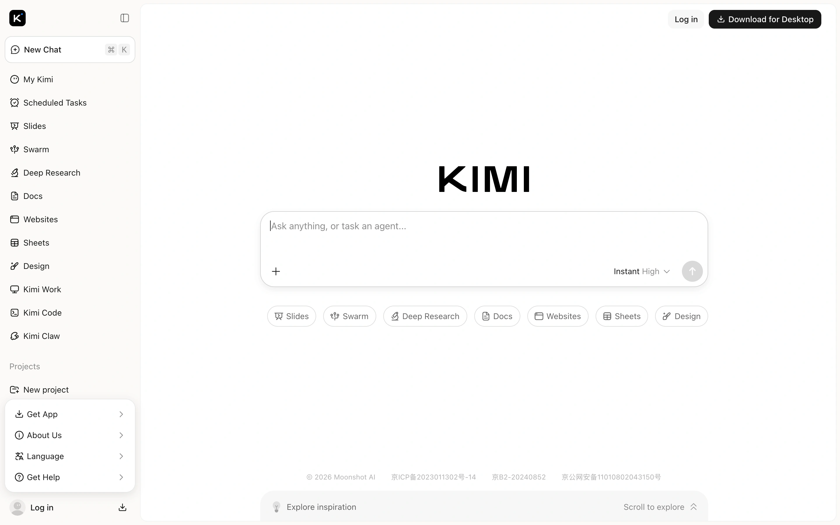 Kimi — Chat workspace — captured interface