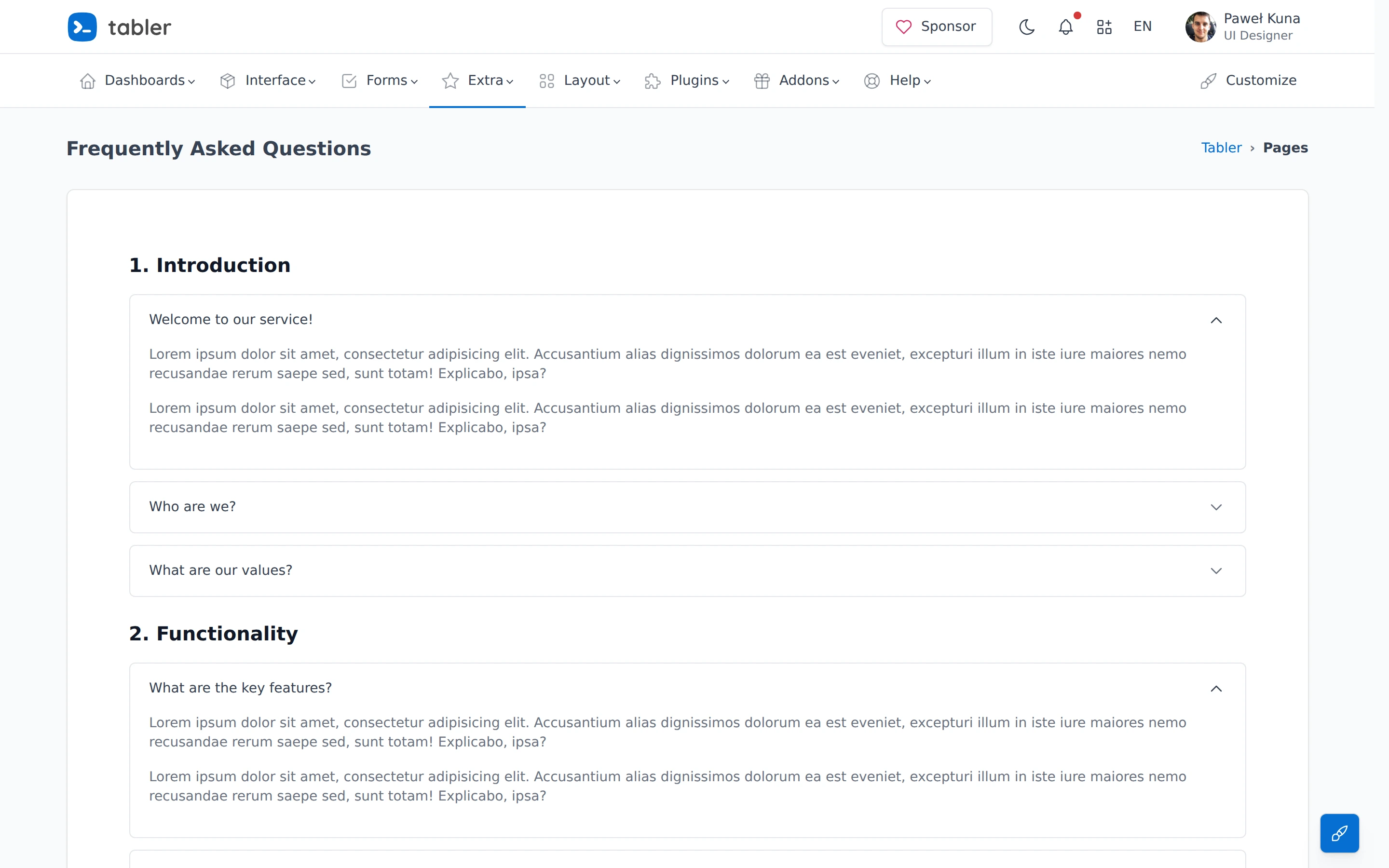 Tabler — Faq demo — captured interface
