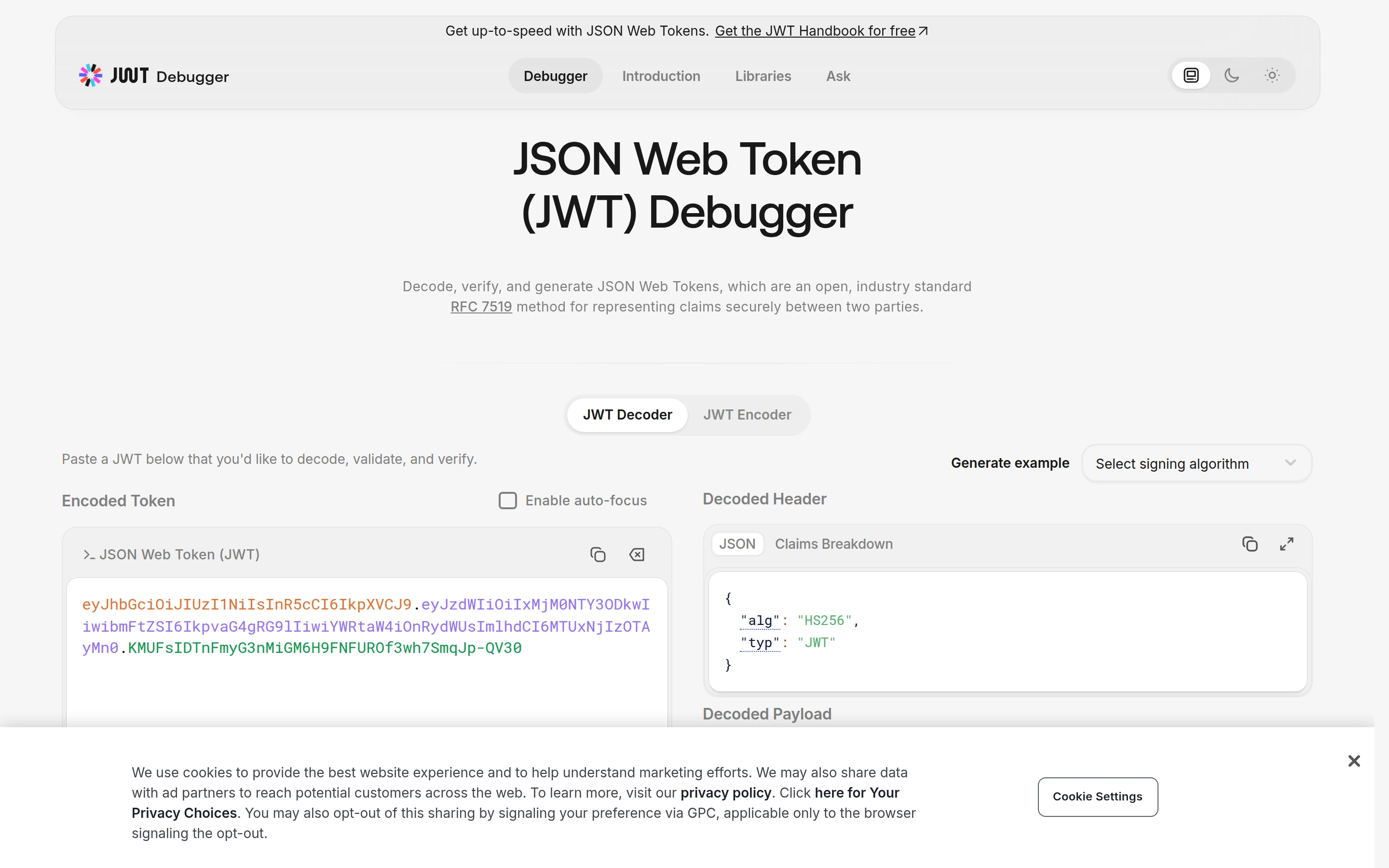 JWT — Token debugger — captured interface