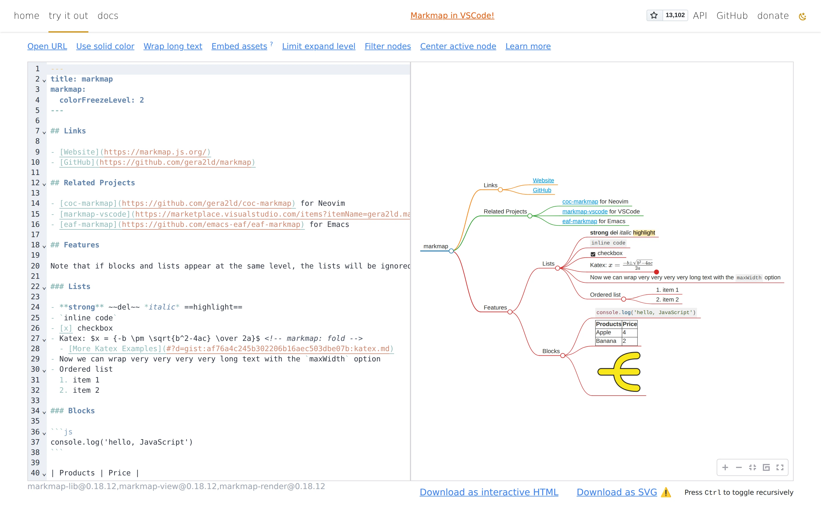 Markmap — Markdown mind map — captured interface