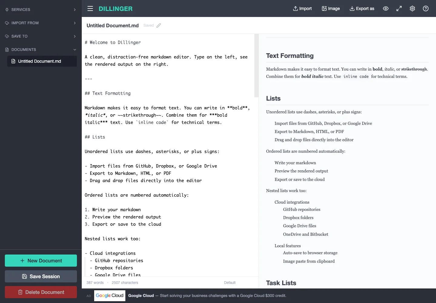 Dillinger — Markdown editor — captured interface