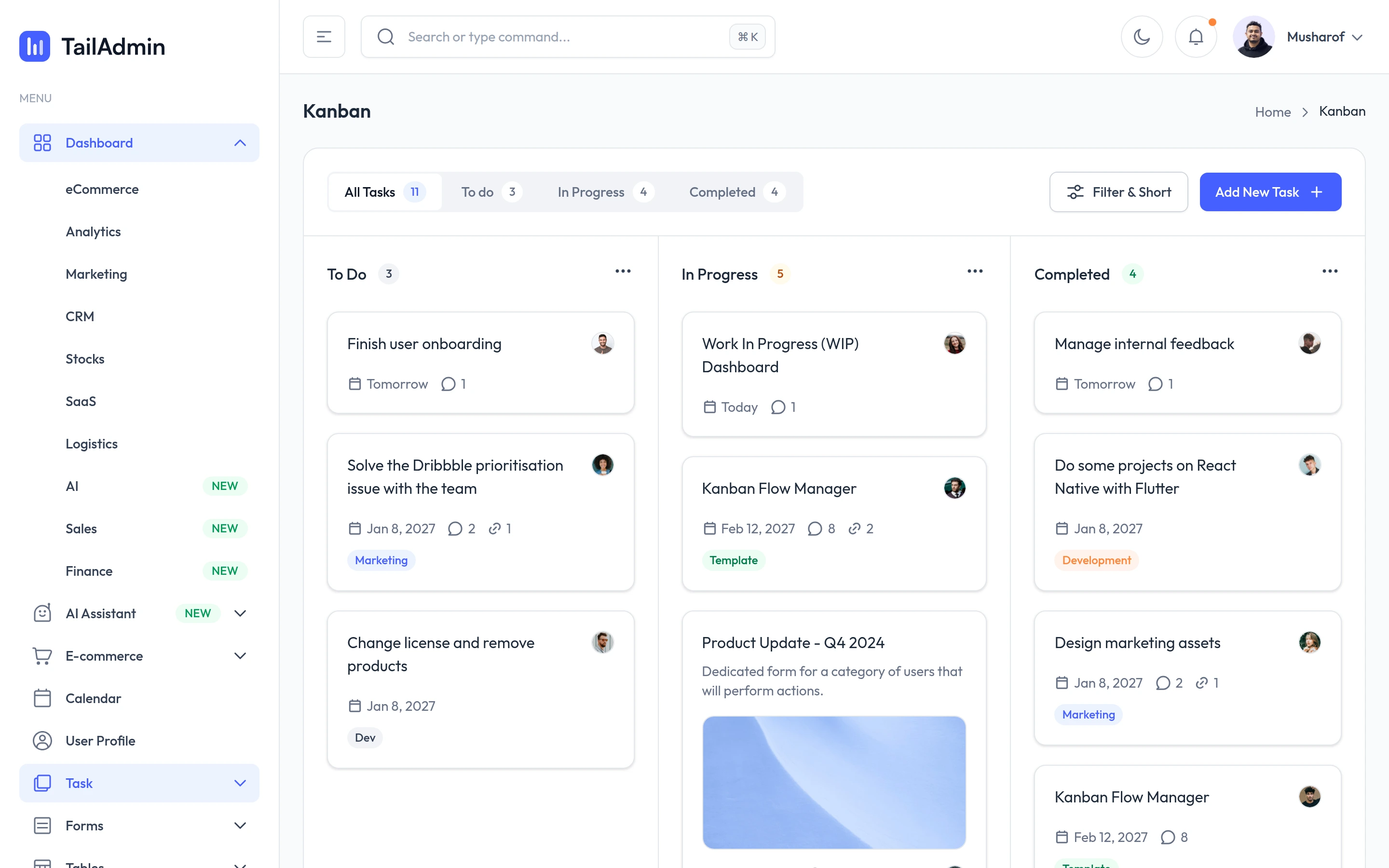 TailAdmin — Task kanban demo — captured interface