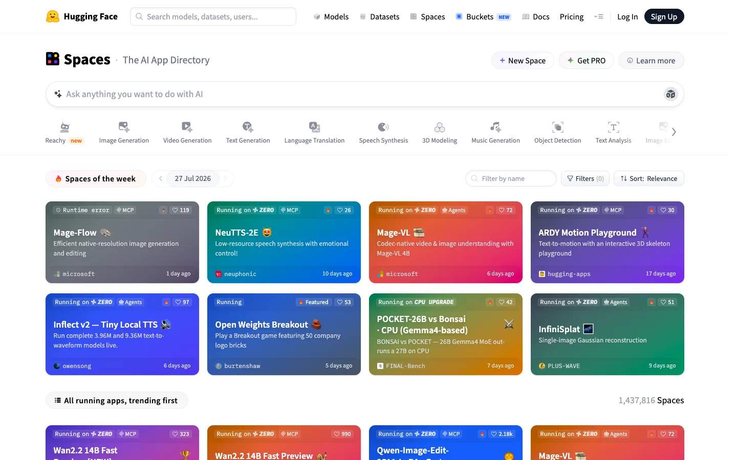 Hugging Face — Spaces directory — captured interface