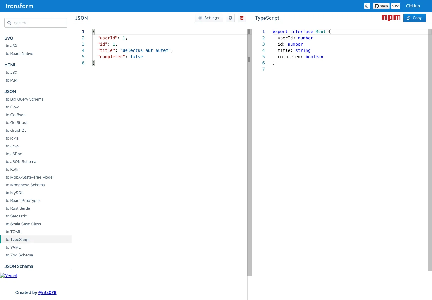 Transform — JSON to TypeScript — captured interface