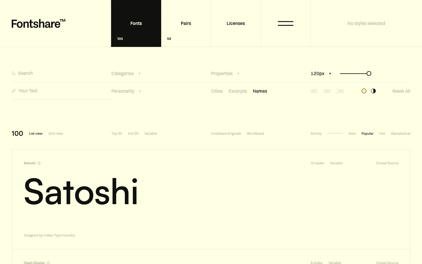 Fontshare — Font browser — captured interface
