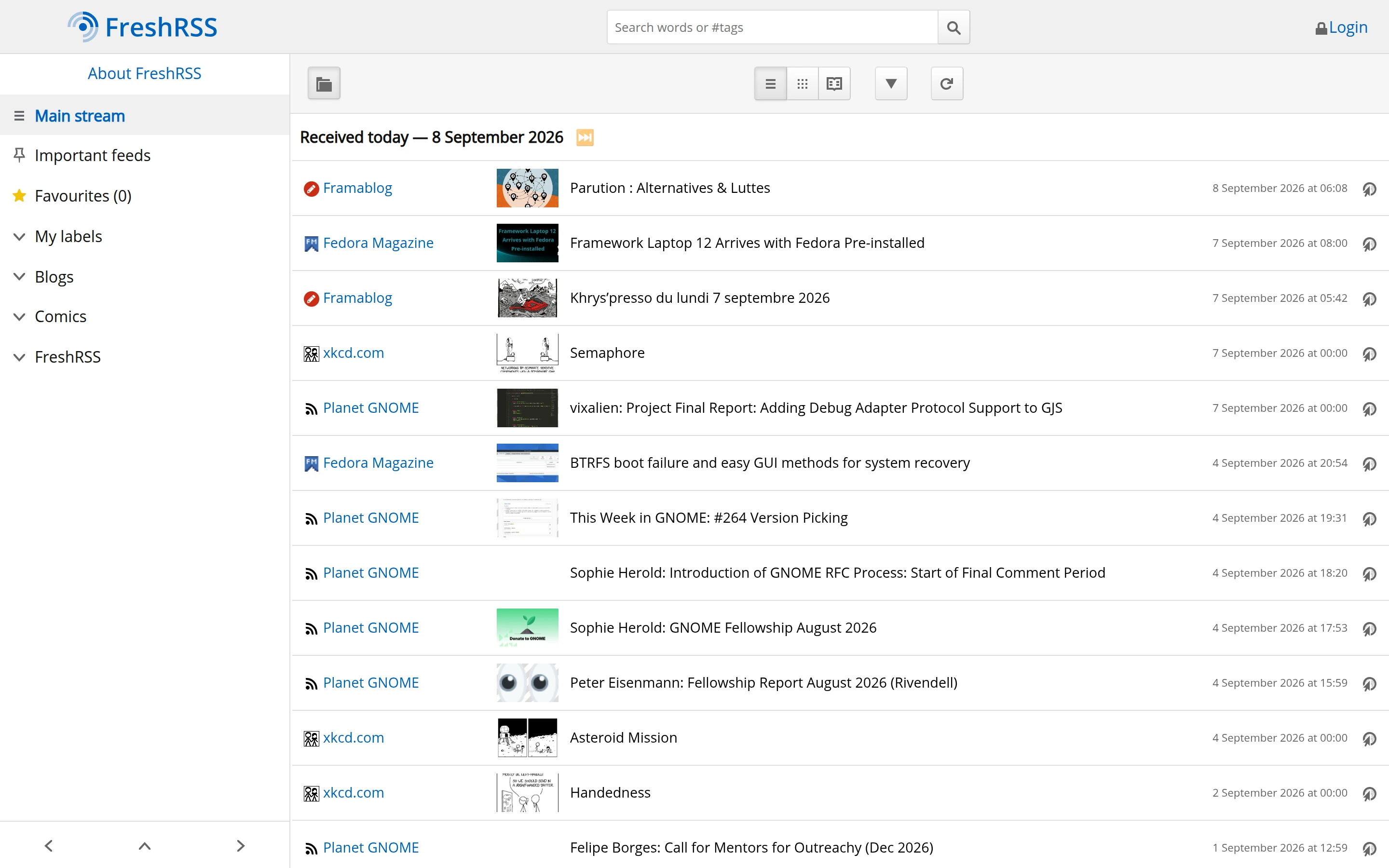 FreshRSS — Feed reader demo — captured interface
