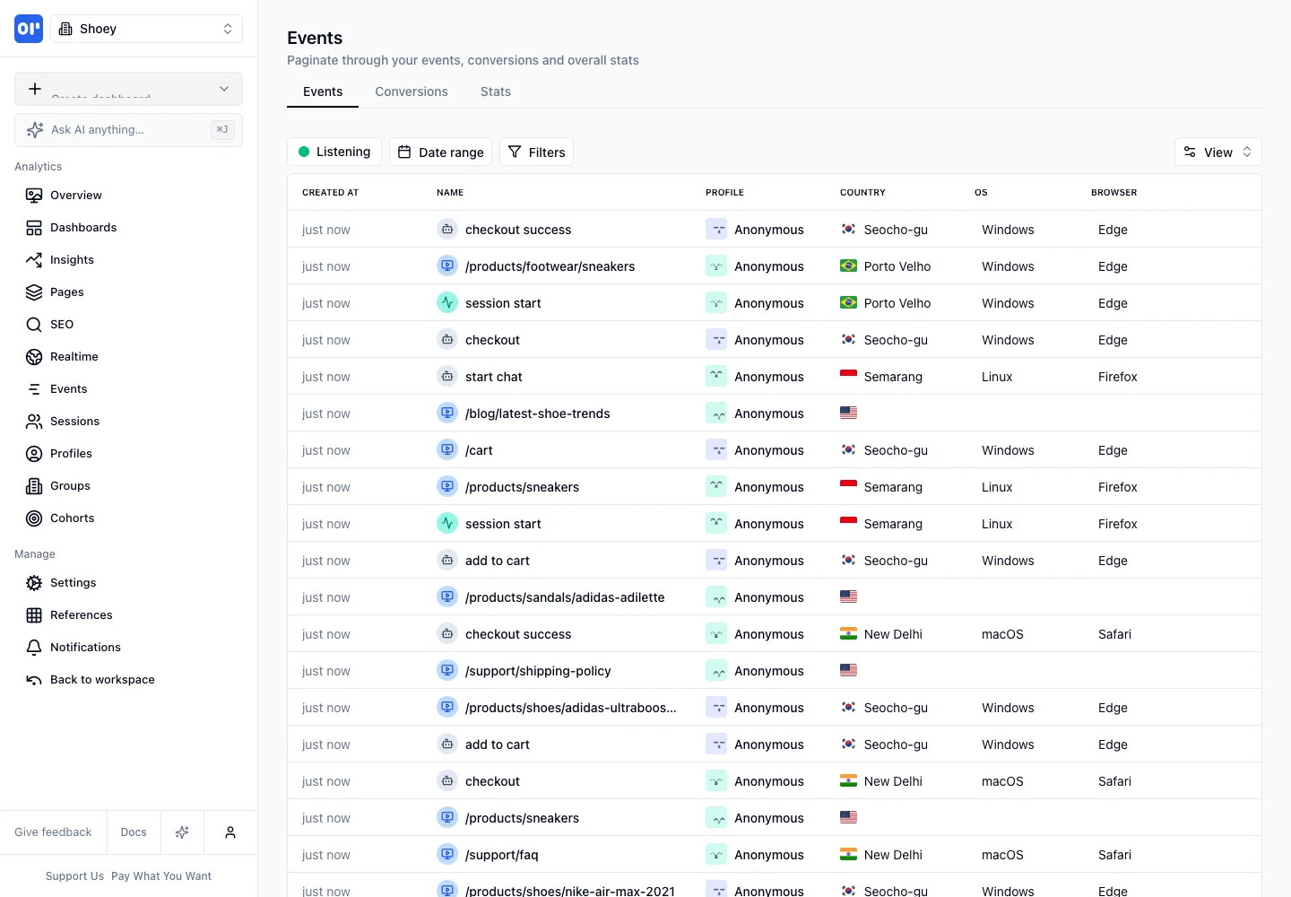 OpenPanel — Event explorer — captured interface