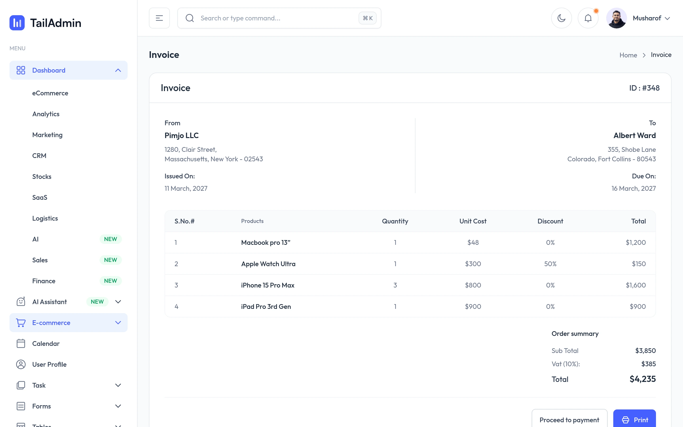 TailAdmin — Single invoice demo — captured interface