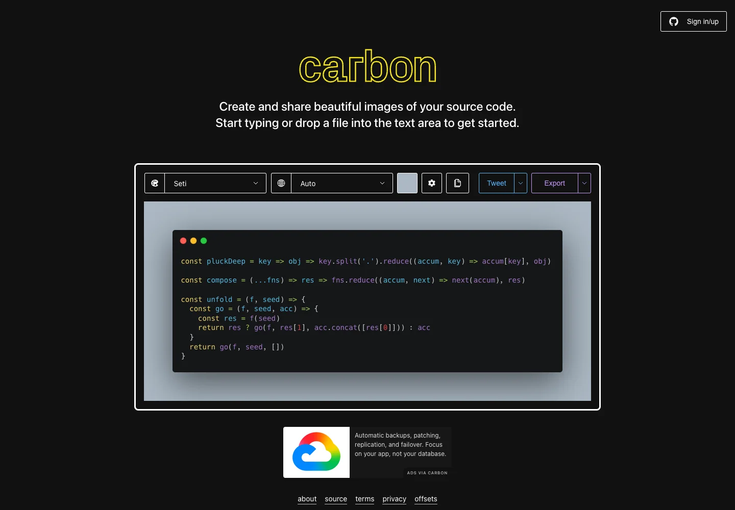Carbon — Code image editor — captured interface