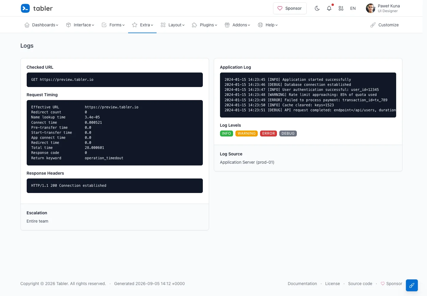 Tabler — Request logs — captured interface