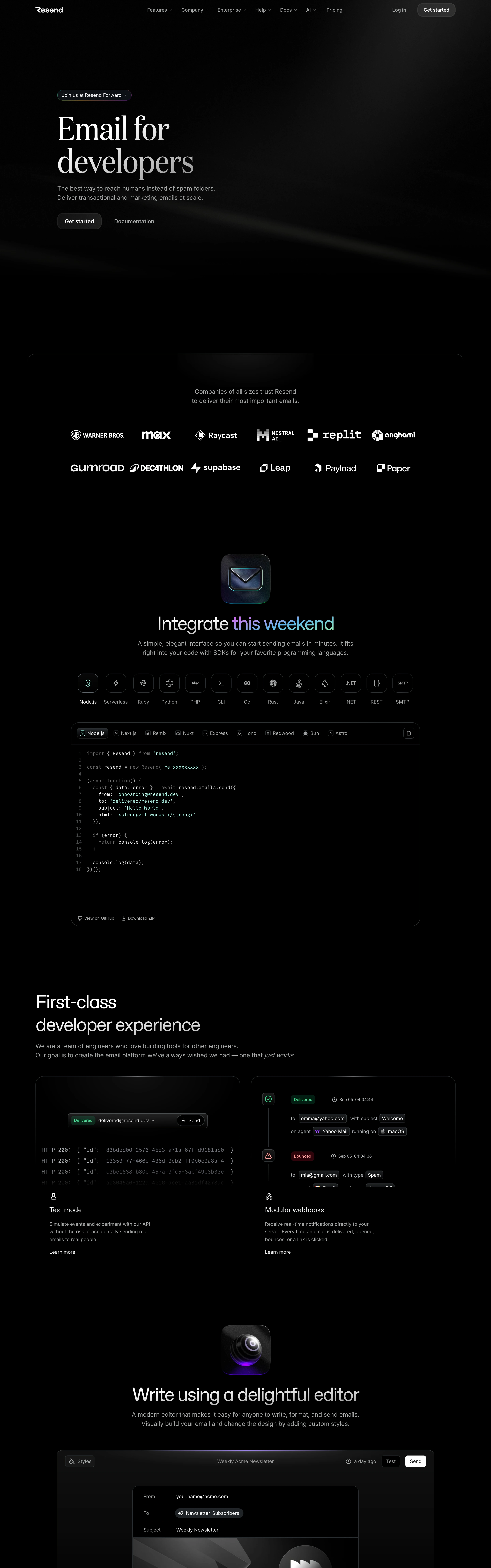 Resend — Serif-on-Black Developer Dark — captured interface