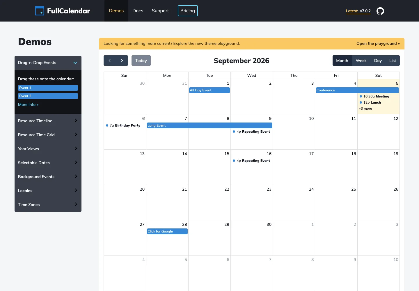 FullCalendar — Interactive calendar demo — captured interface