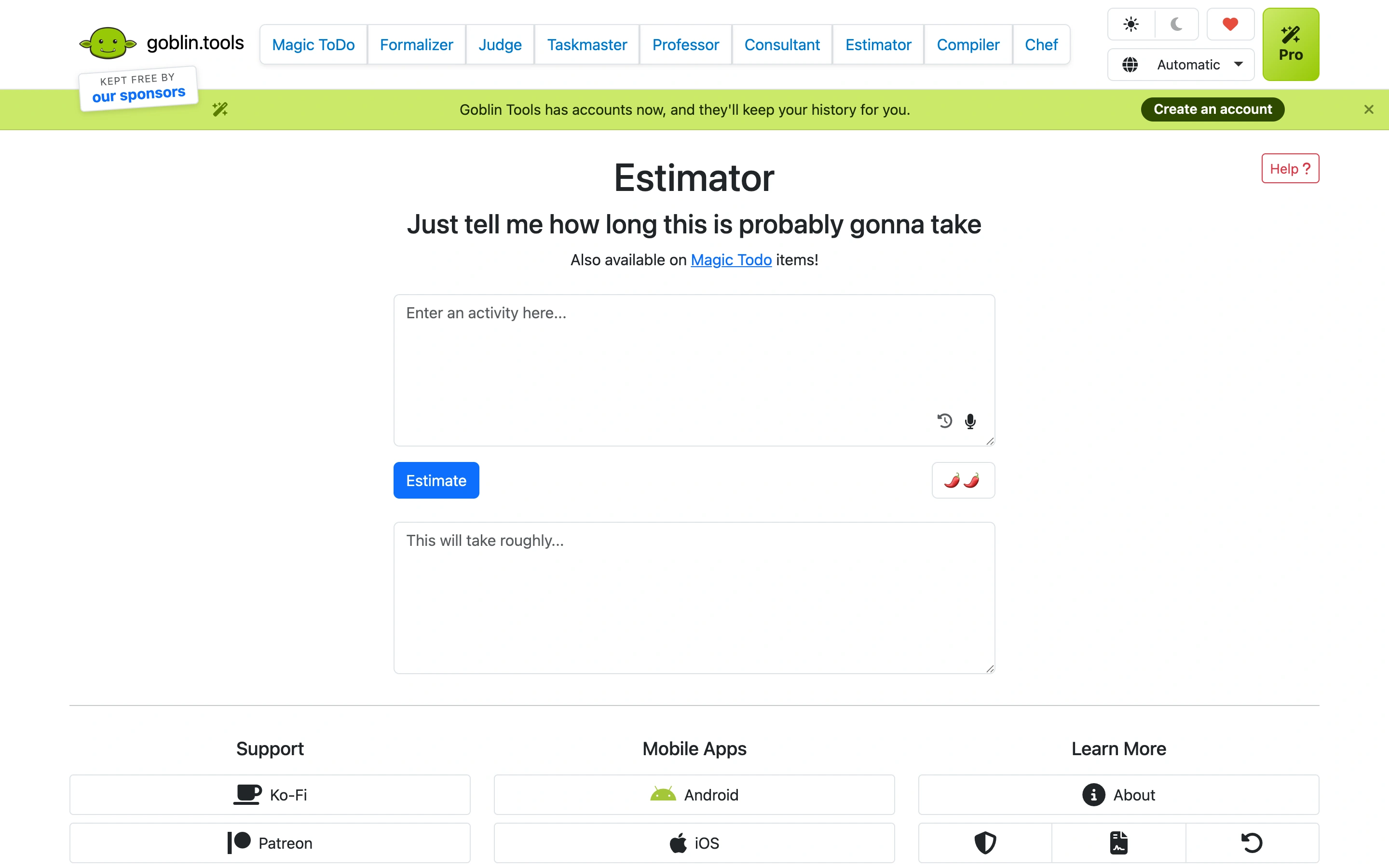 Goblin Tools — Estimator — captured interface