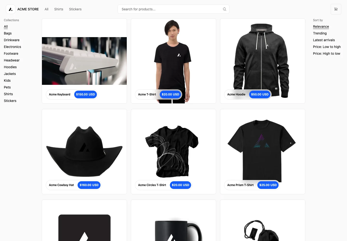 Next.js Commerce — Product search — captured interface