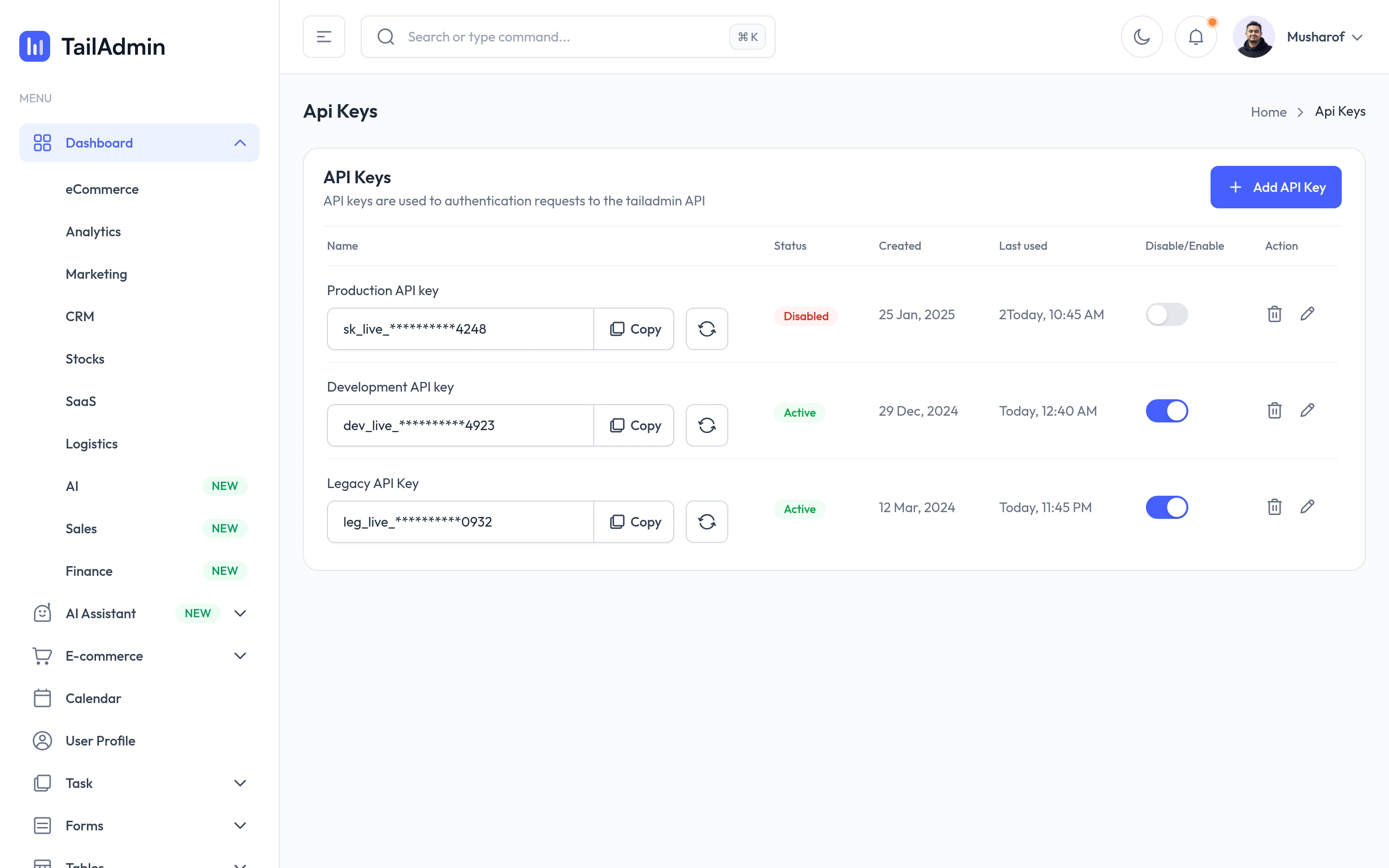 TailAdmin — Api keys demo — captured interface