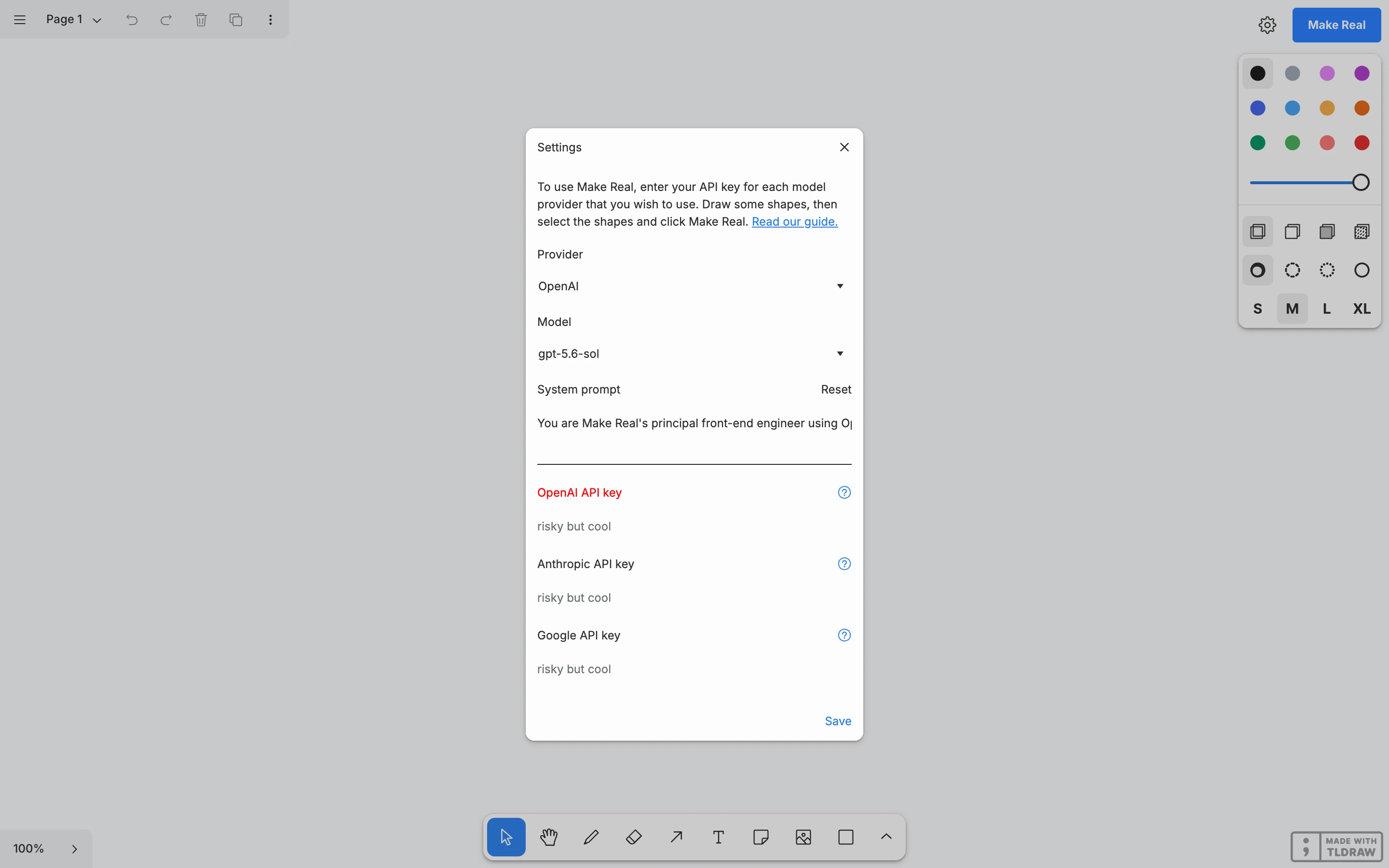 tldraw Make Real — Model settings — captured interface