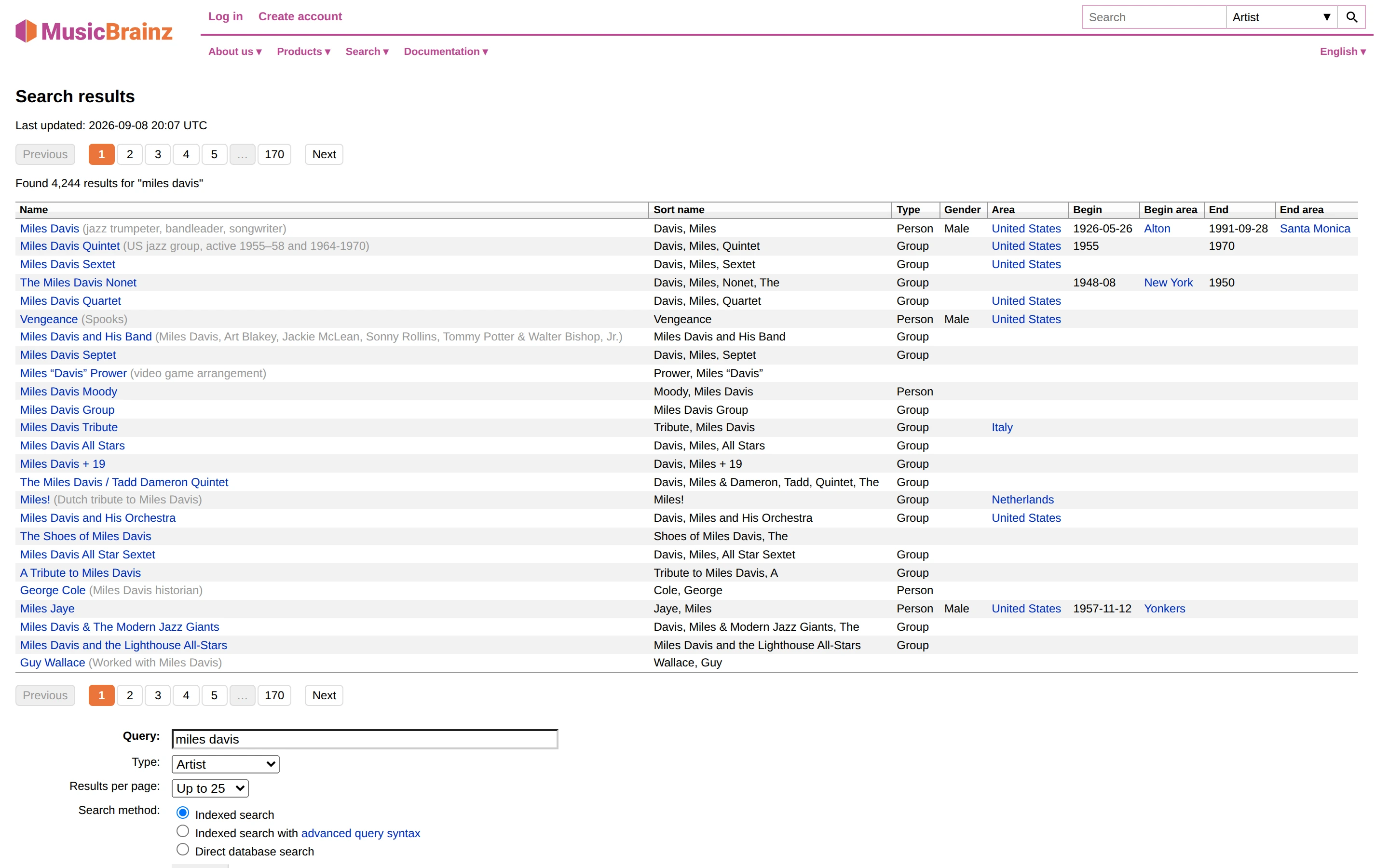 MusicBrainz — Artist search — captured interface