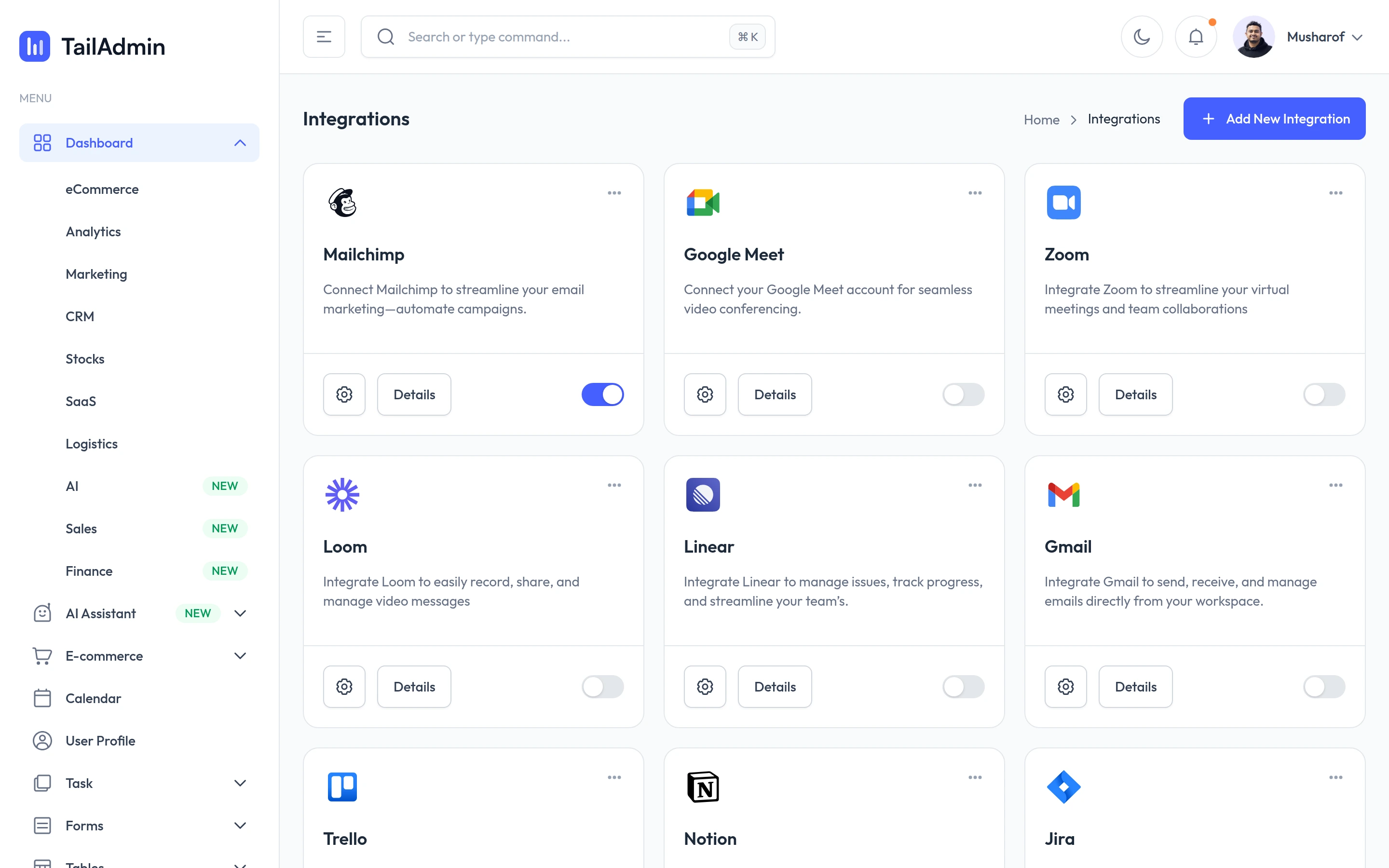 TailAdmin — Integrations demo — captured interface