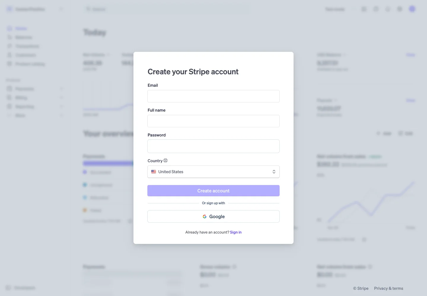Stripe — Create account — captured interface