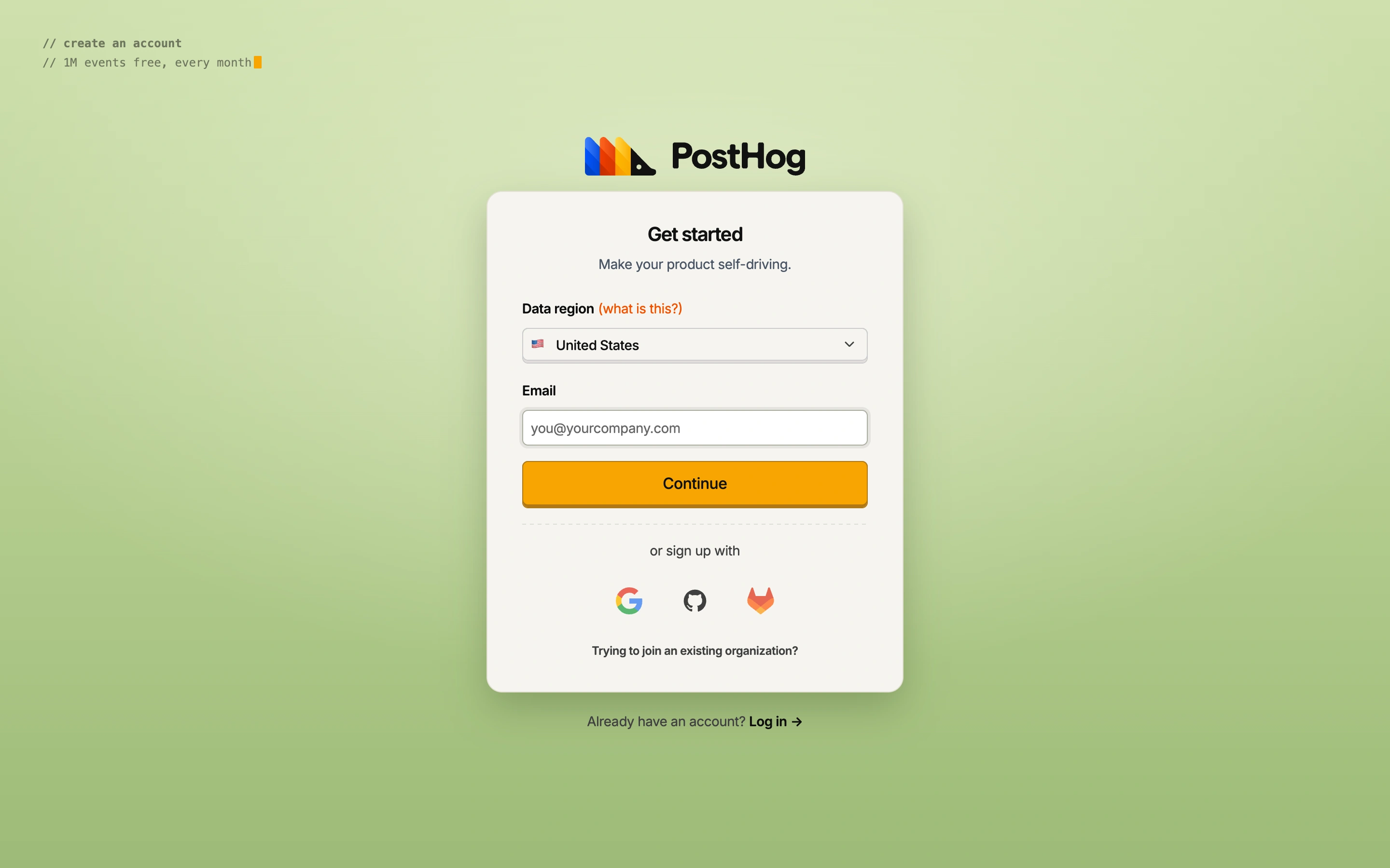 PostHog — Create account — captured interface