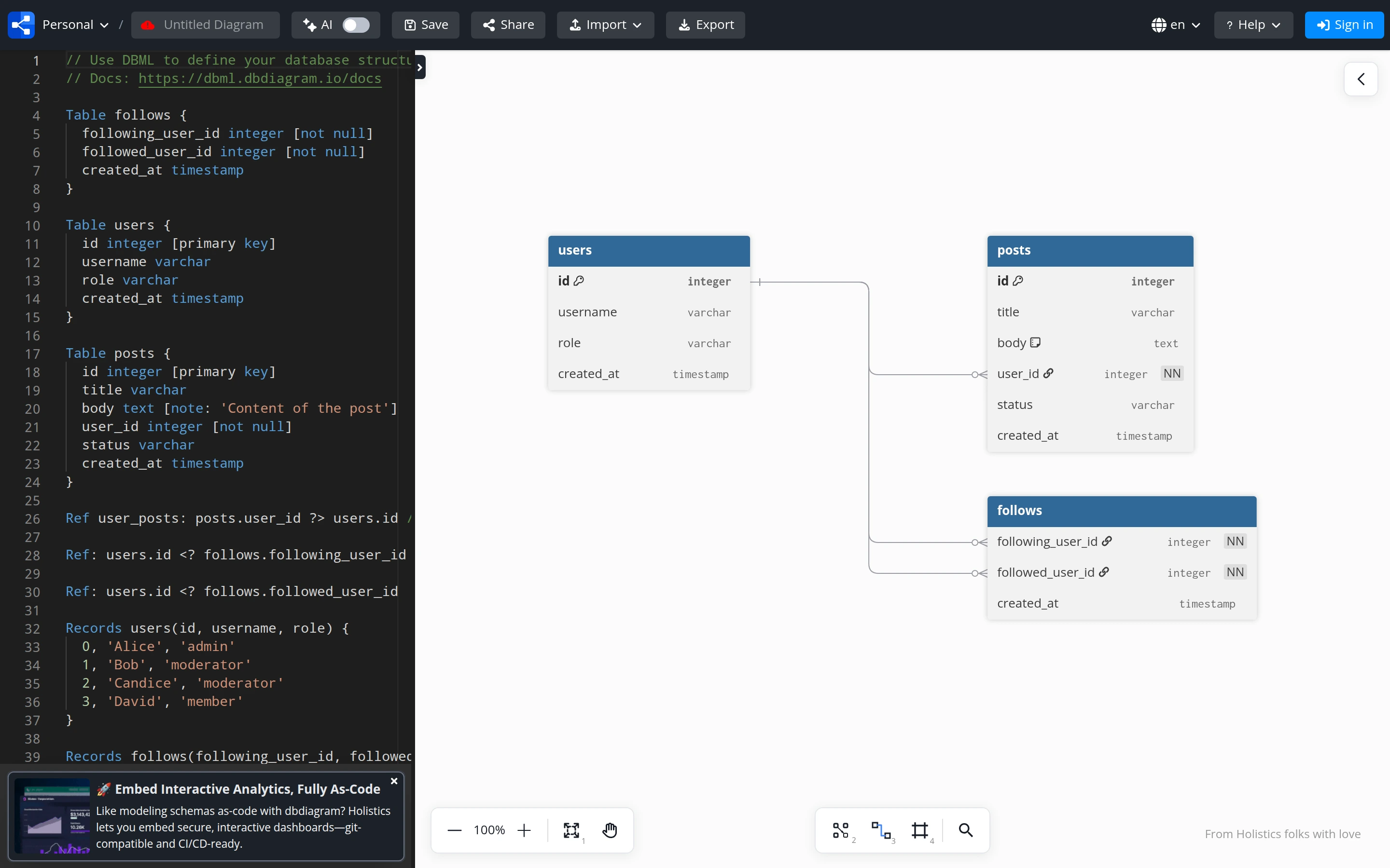 dbdiagram — Schema workspace — captured interface