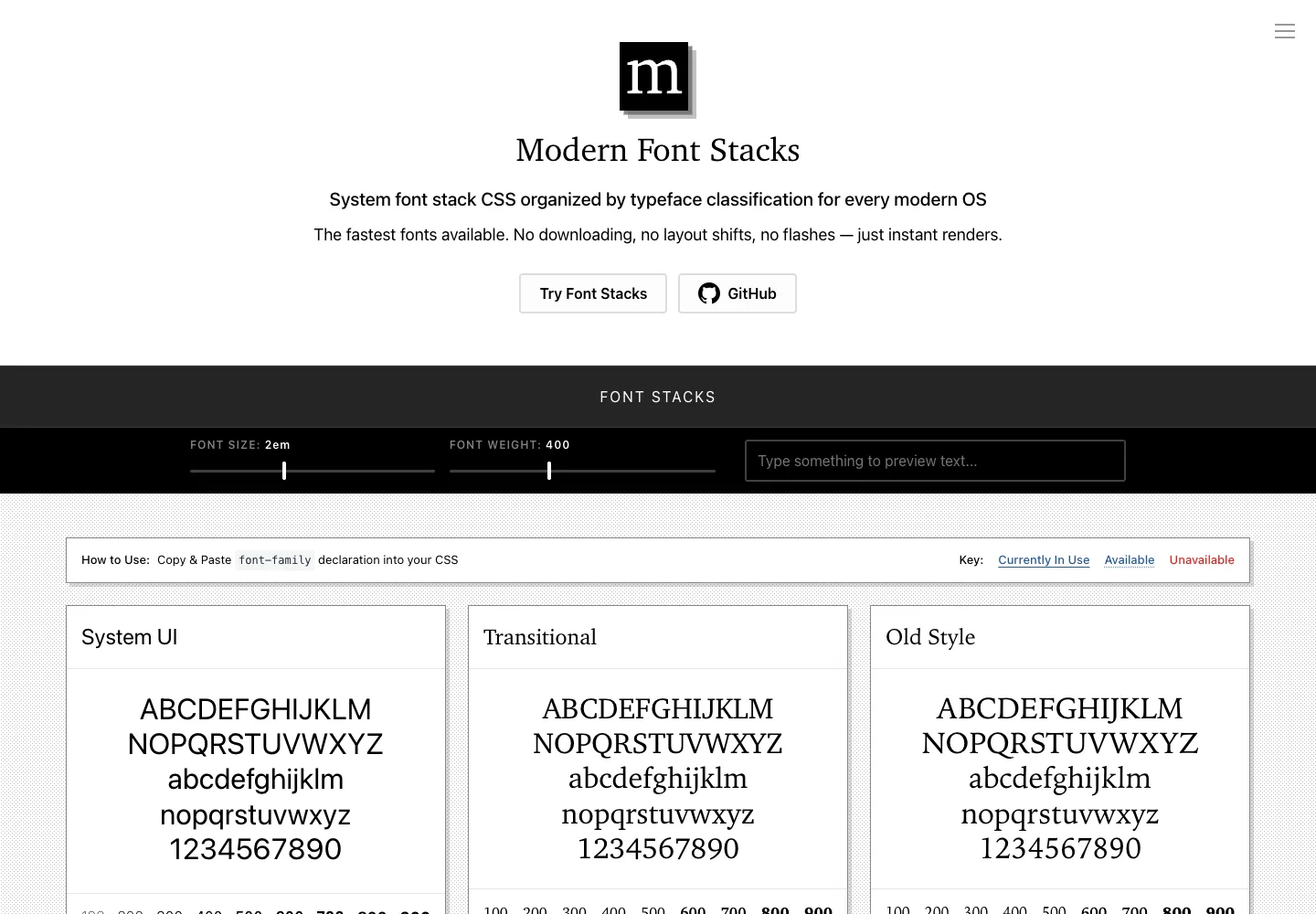 Modern Font Stacks — captured interface