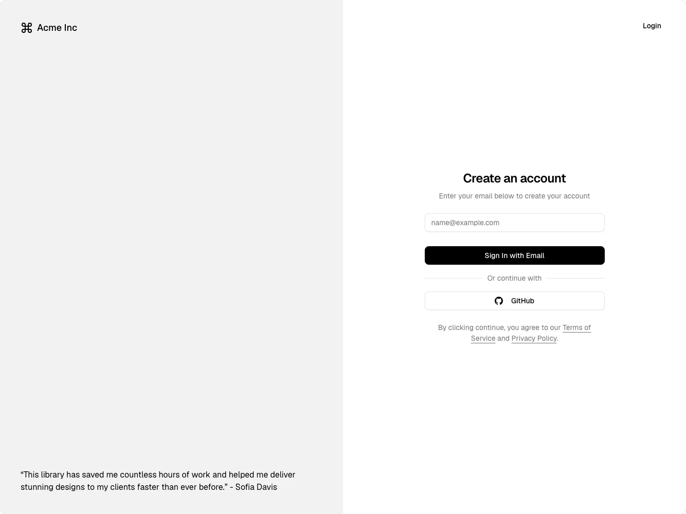 shadcn/ui — Create an account — captured interface