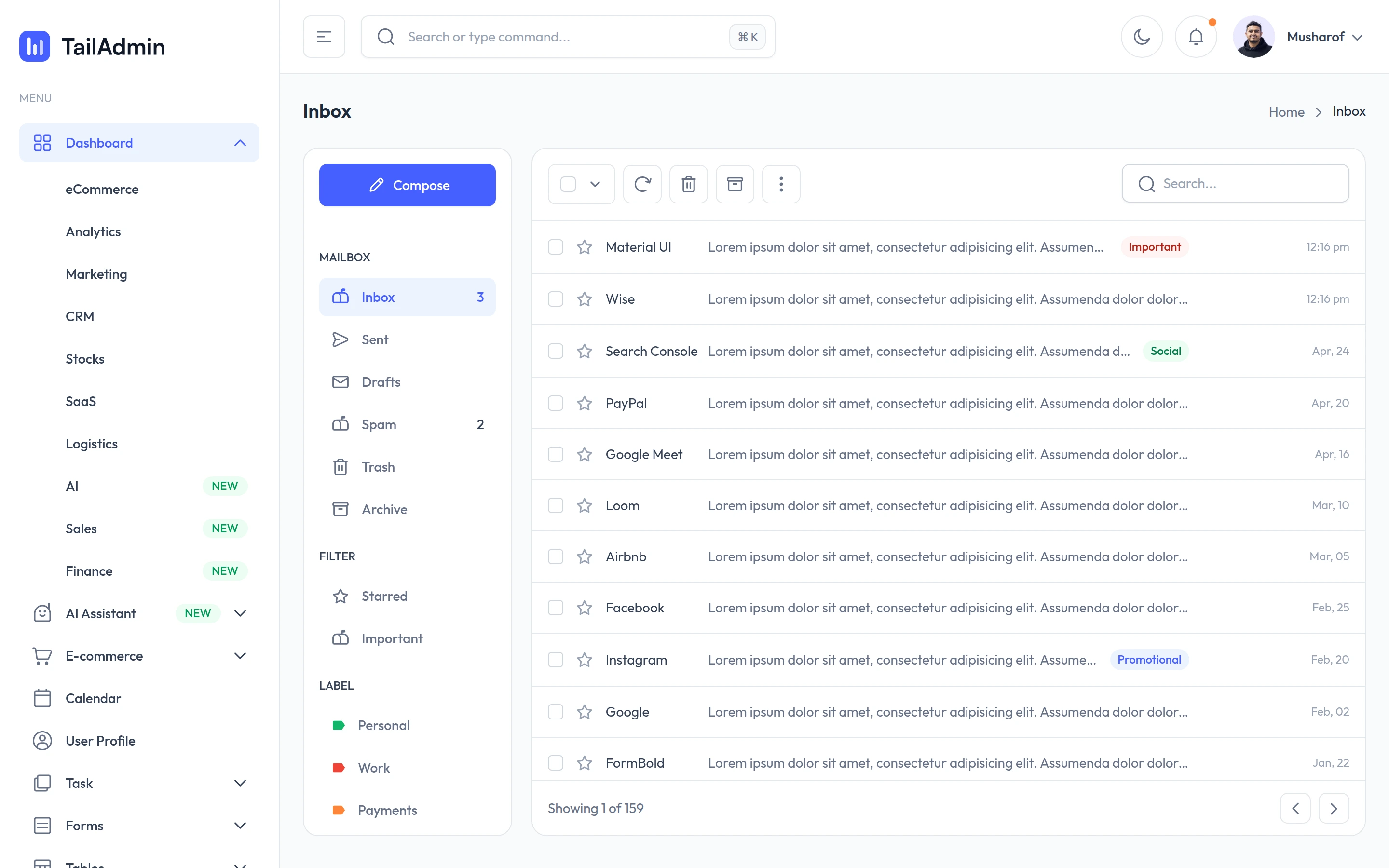 TailAdmin — Inbox demo — captured interface