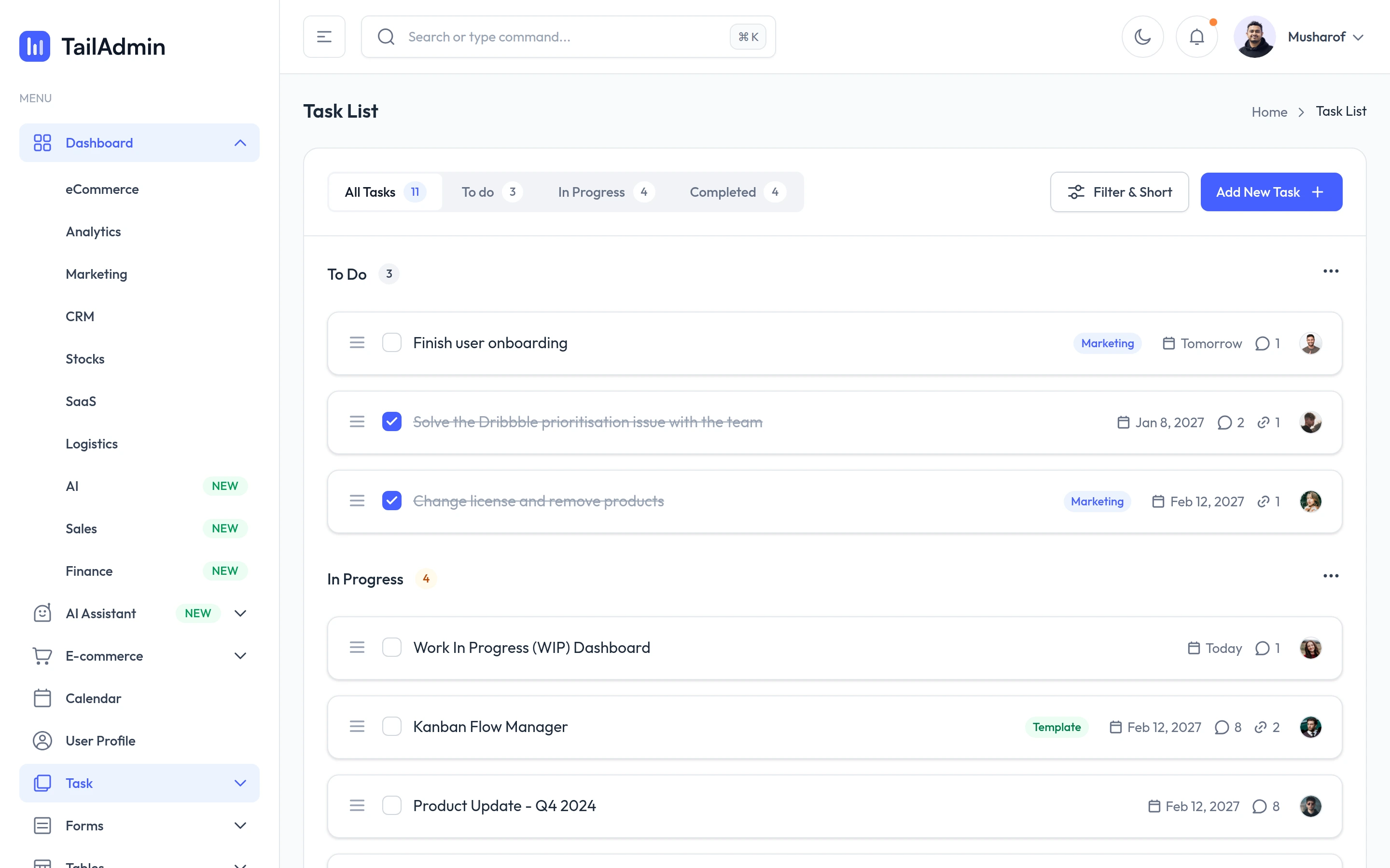 TailAdmin — Task list demo — captured interface