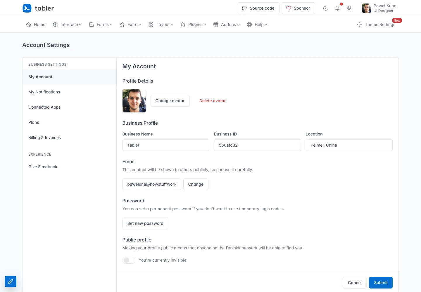 Tabler — Account settings demo — captured interface