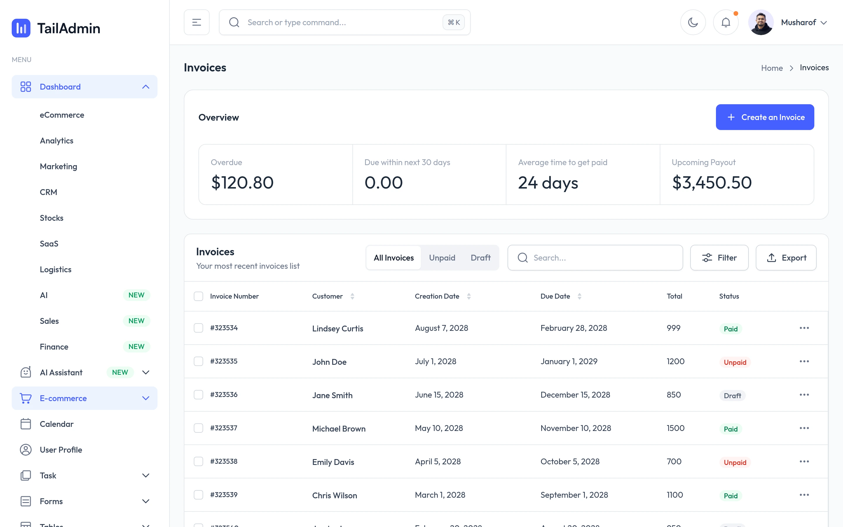 TailAdmin — Invoices demo — captured interface
