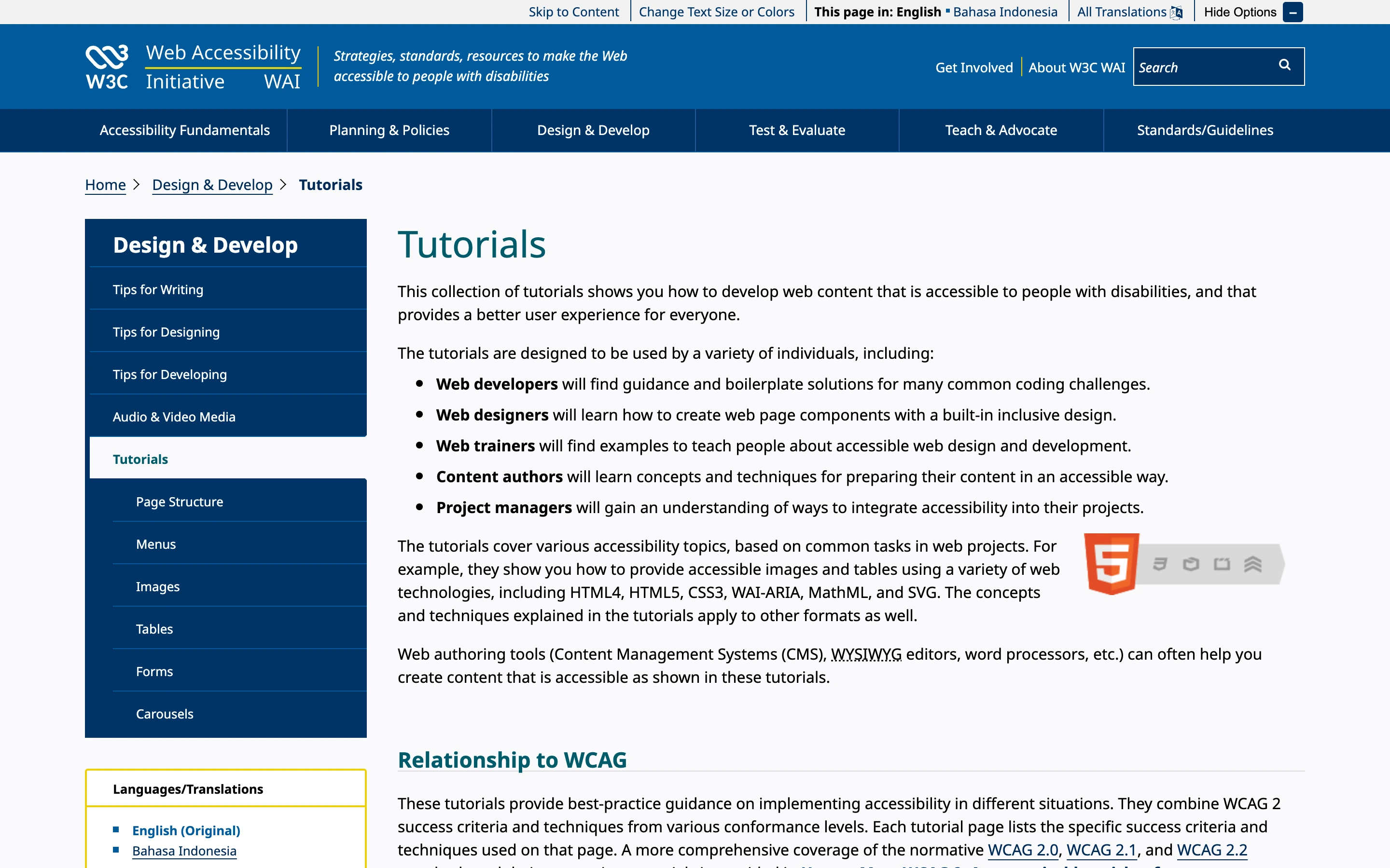 W3C WAI Tutorials — captured interface