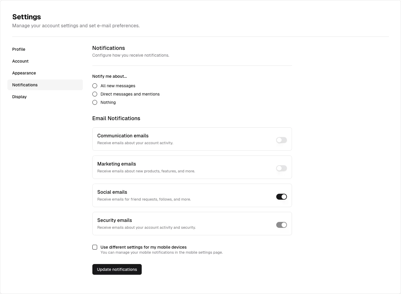 shadcn/ui v3 — Notification settings — captured interface