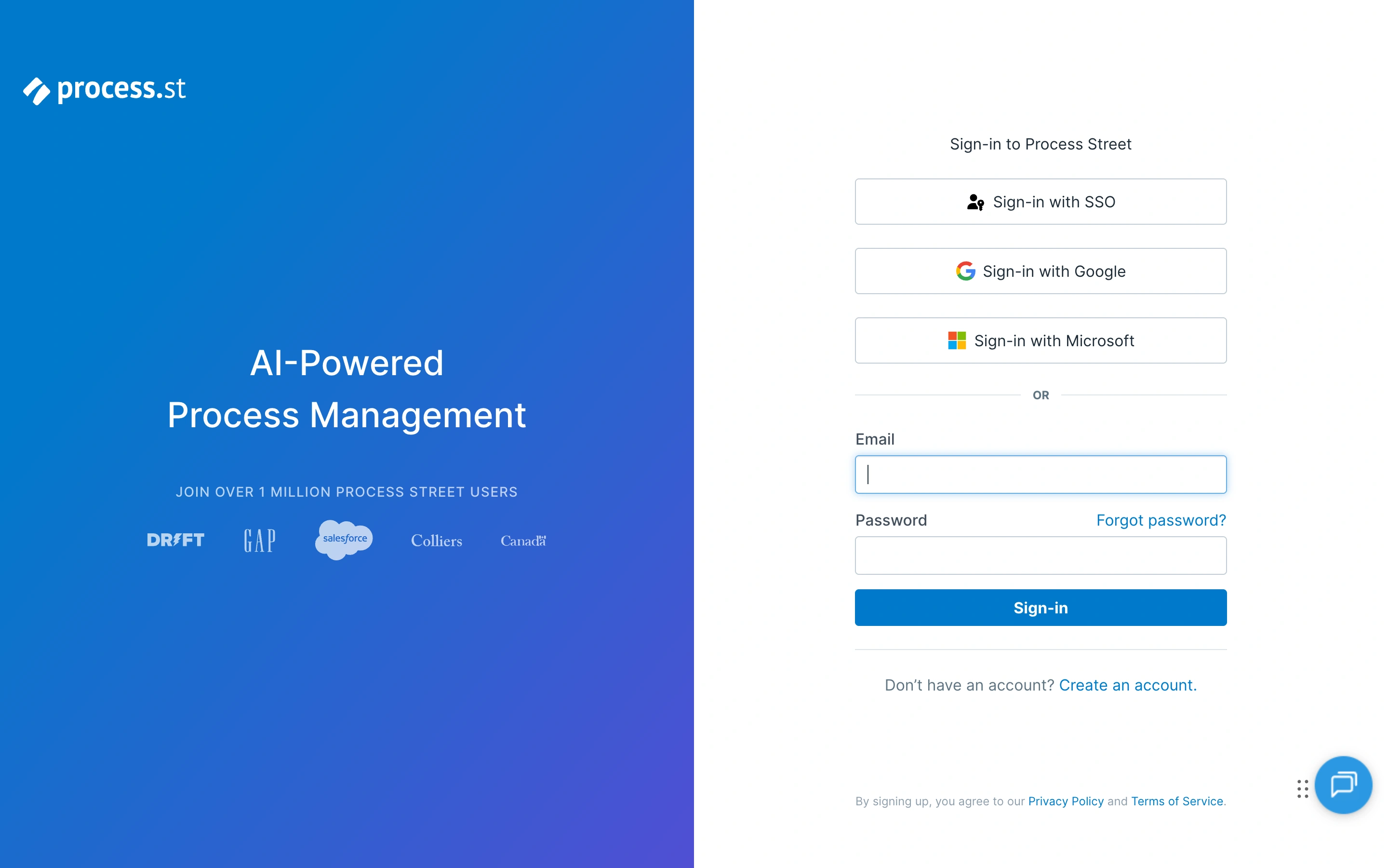 Process Street — Account entry — captured interface