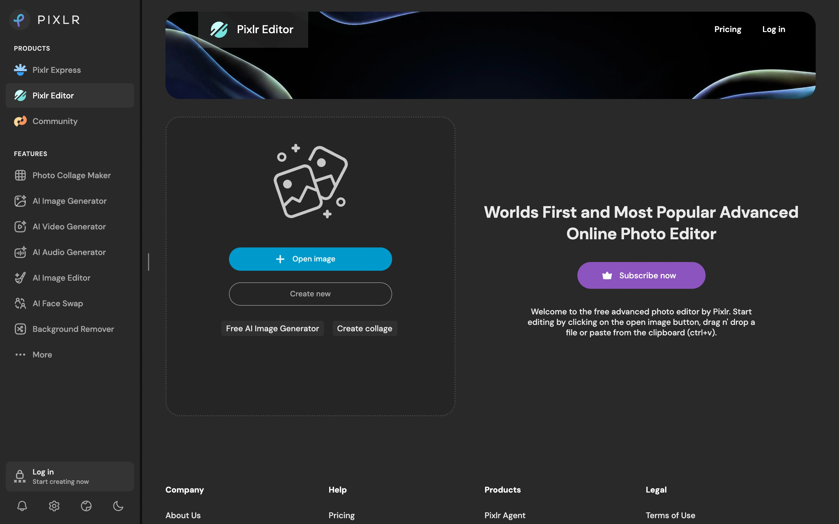 Pixlr Editor — Start screen — captured interface