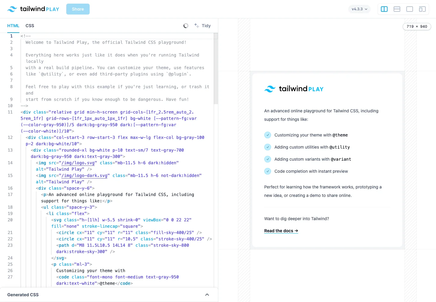 Tailwind Play — Live editor — captured interface