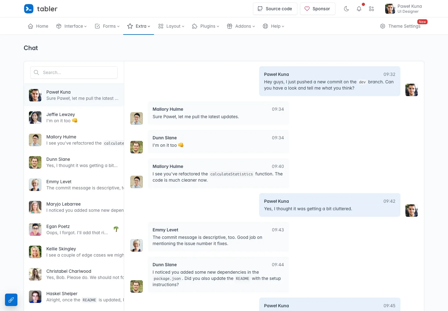 Tabler — Chat workspace — captured interface