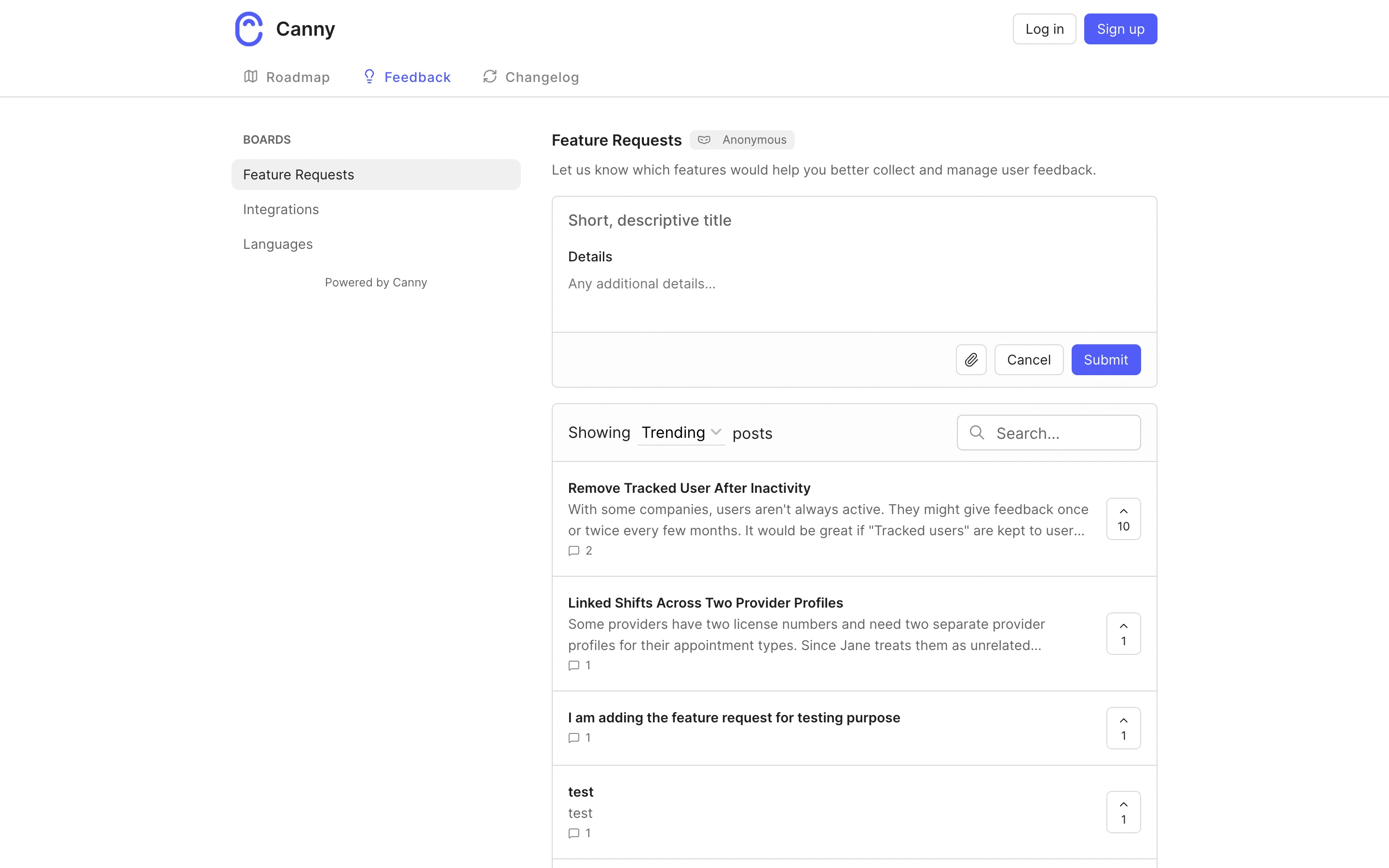 Canny — Feature requests — captured interface