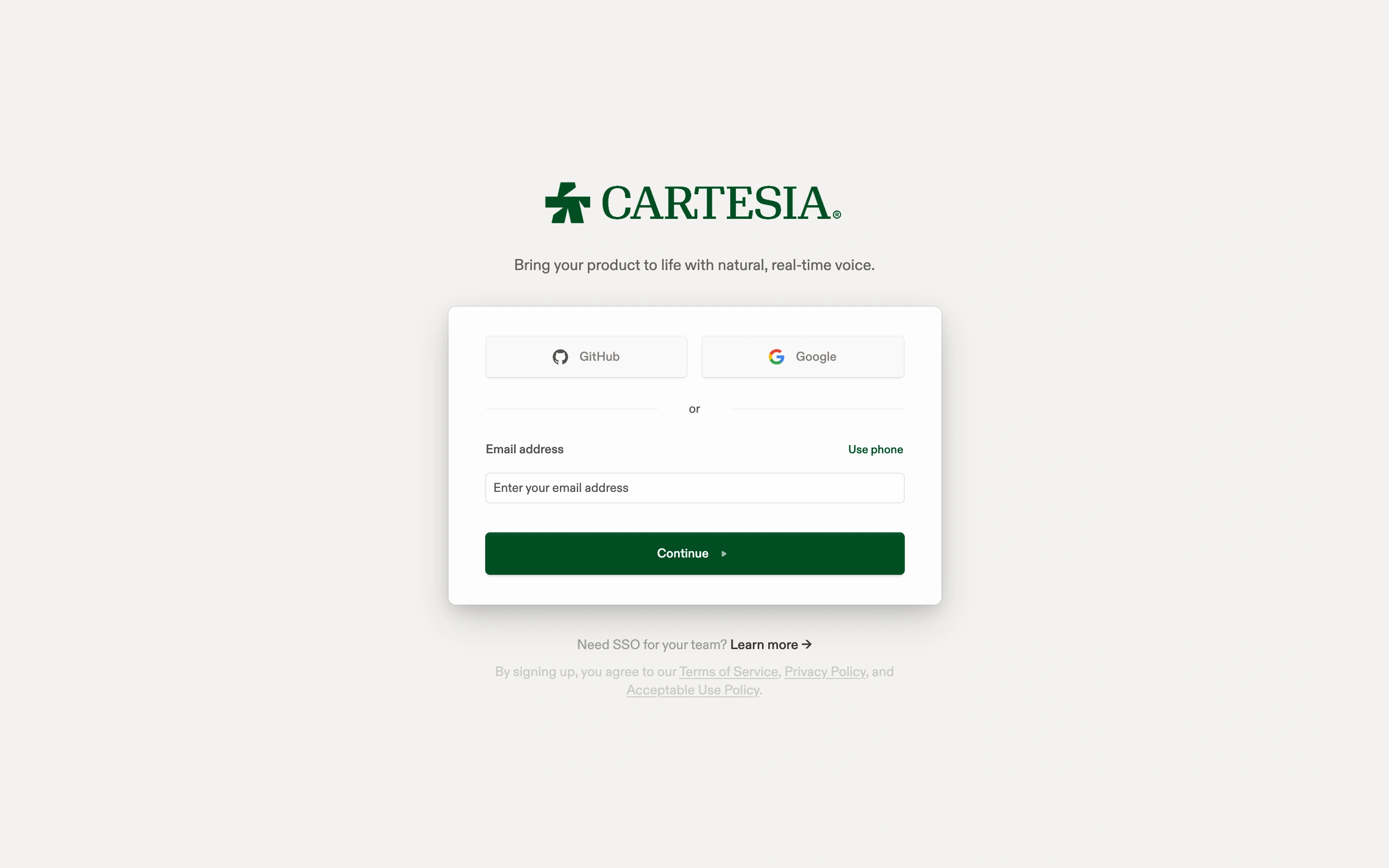 Cartesia — Playground sign-in — captured interface