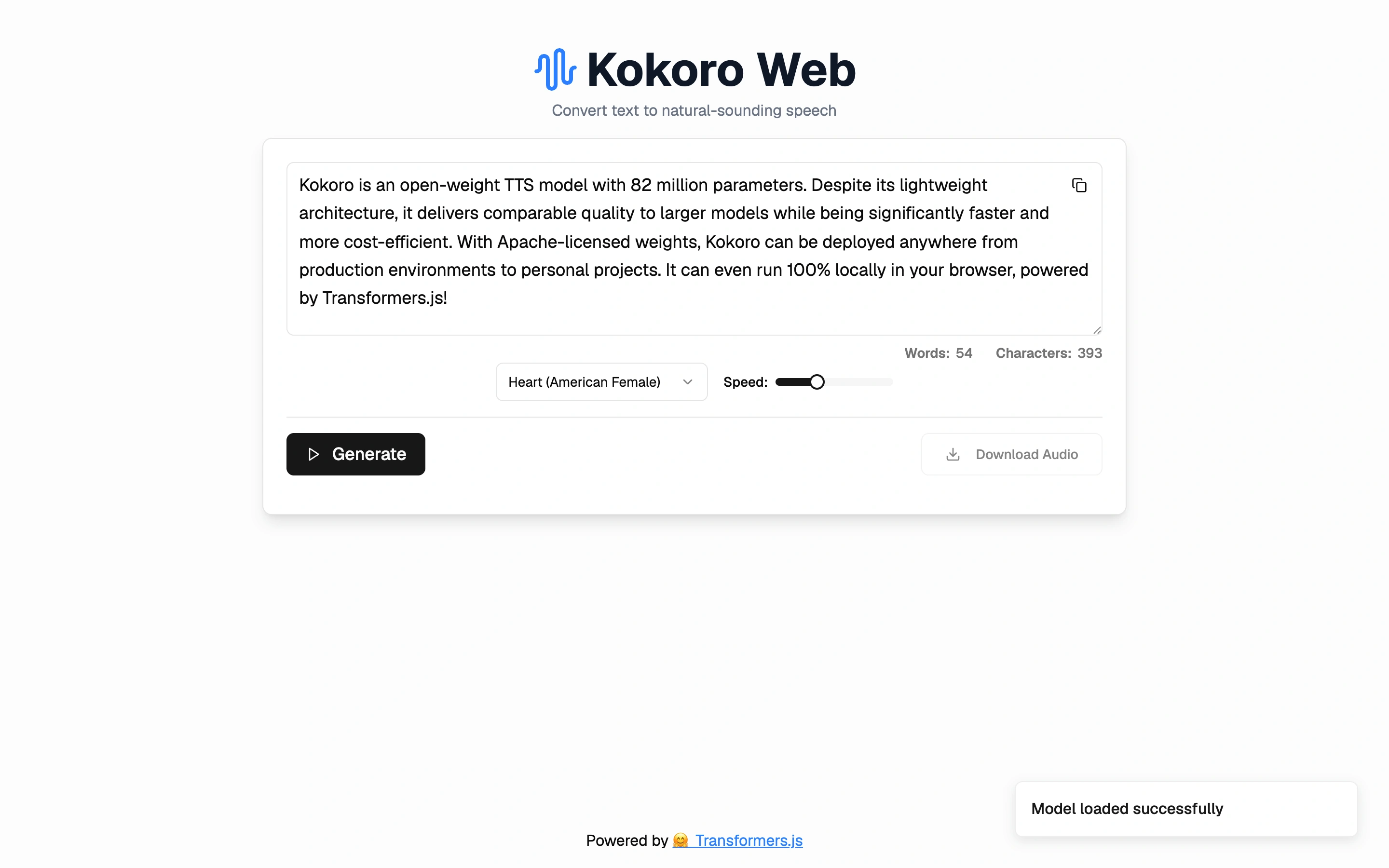 Kokoro Web — Speech composer demo — captured interface
