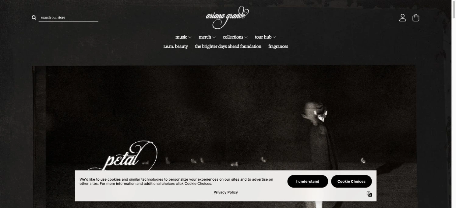 Ariana Grande — Official store — captured interface