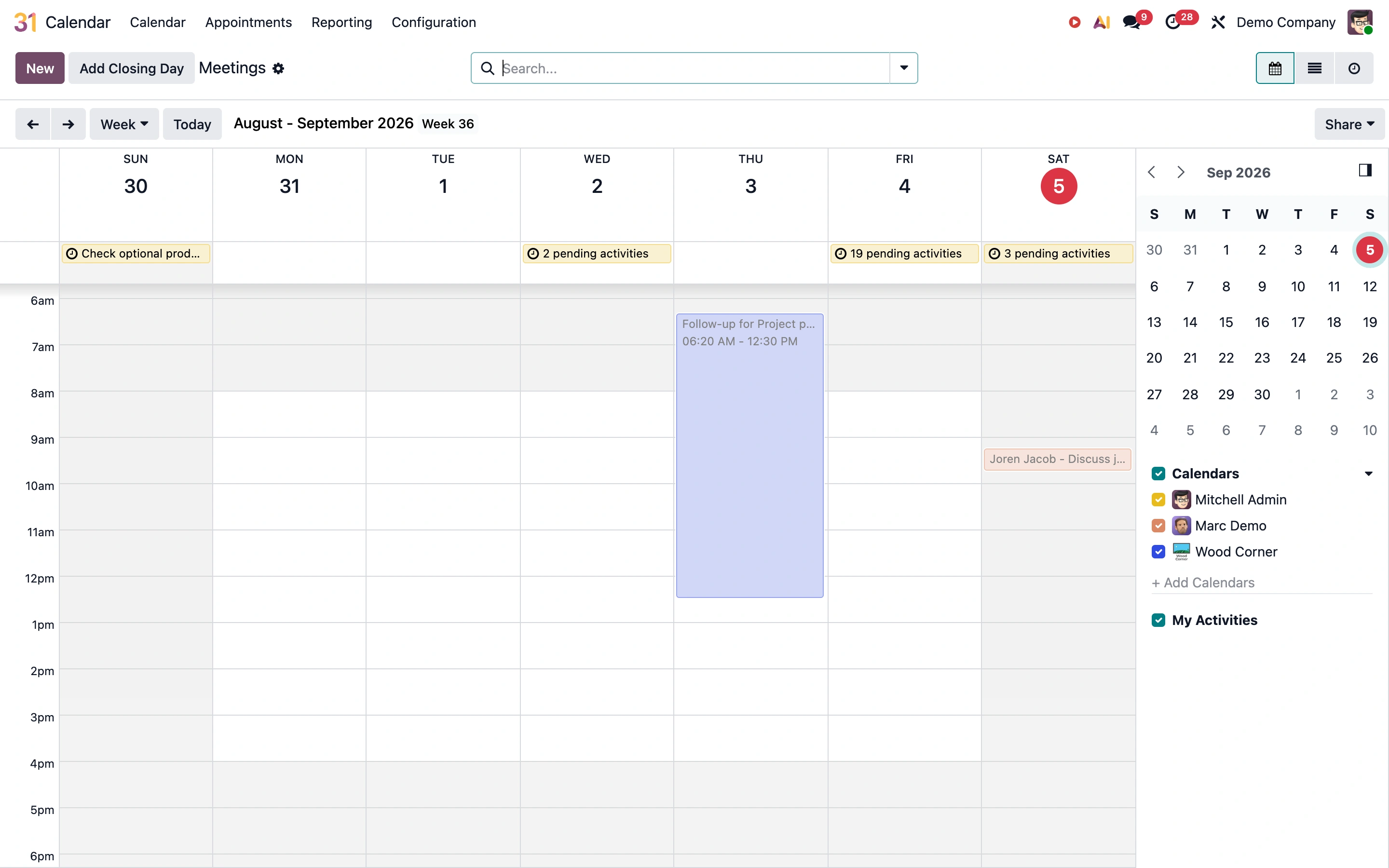 Odoo — Calendar demo — captured interface