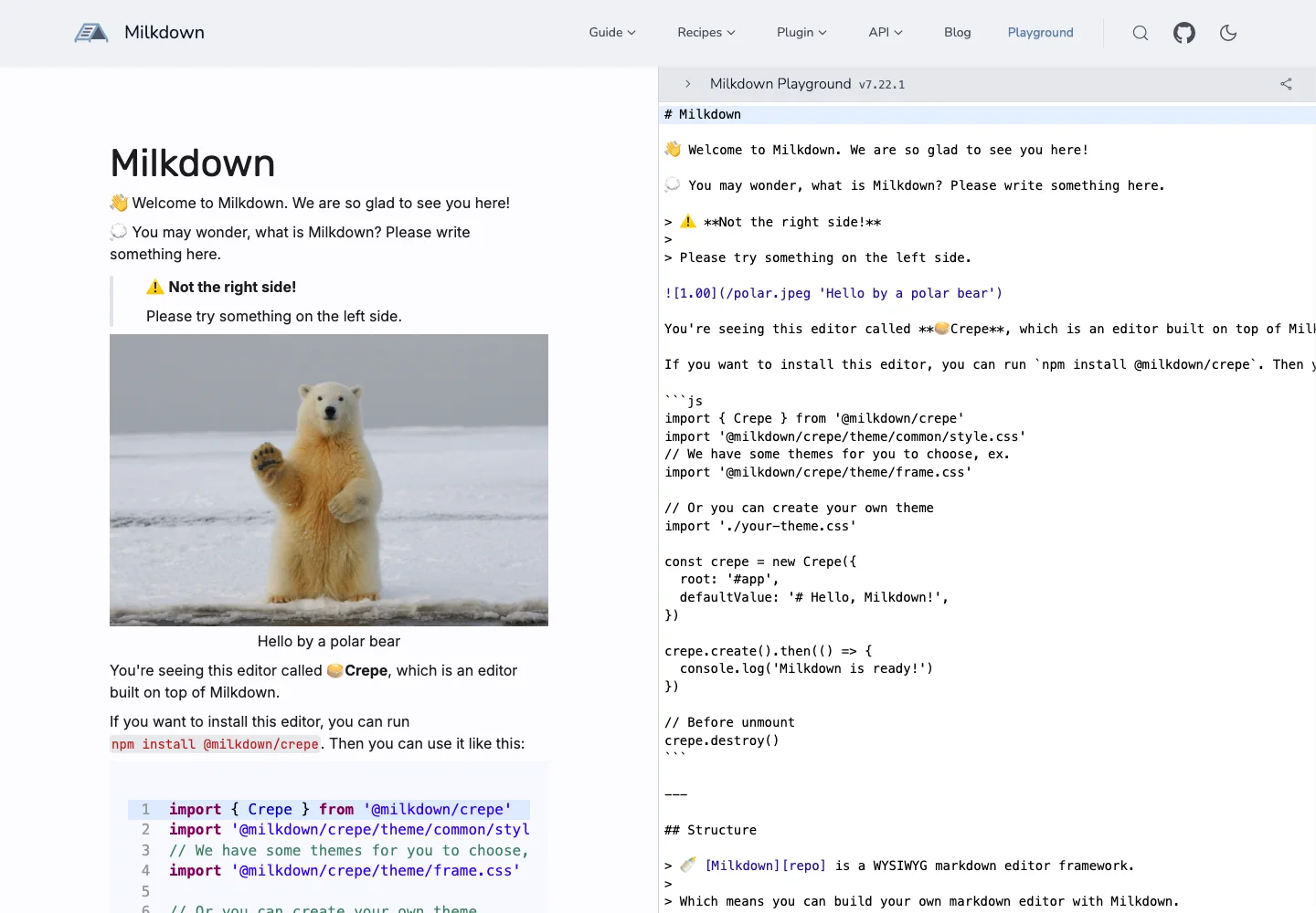 Milkdown — Markdown editor — captured interface